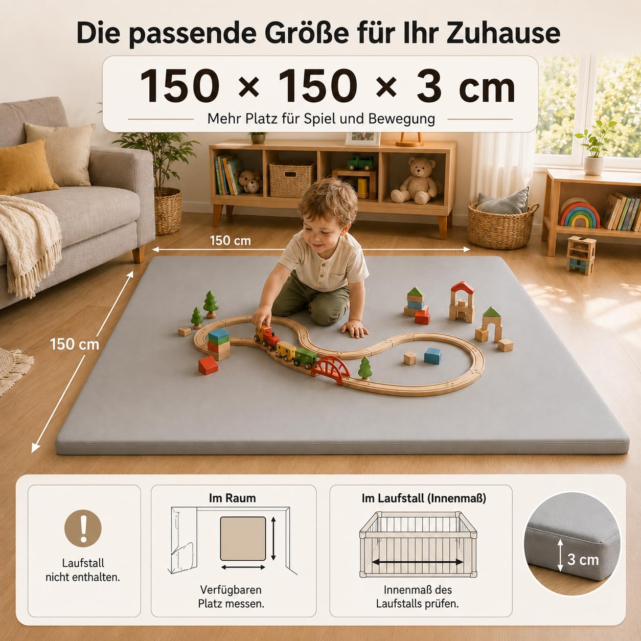 jxgzyy Tappetino per gattonare per bambini, double face, 150 x 150 x 3 cm, in pelle PU impermeabile e morbido peluche corto, con spesso nucleo in memory foam, grigio