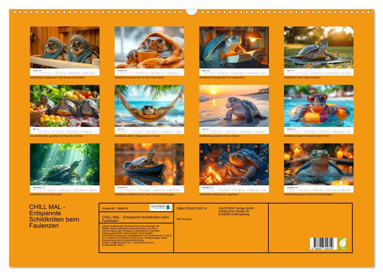 CHILL MAL - Entspannte Schildkröten beim Faulenzen (Wandkalender 2026 DIN A2 quer), CALVENDO Monatskalender: Entspanne mit coolen Schildkröten durch ... von Ruhe und Entschleunigung (CALVENDO Spass)