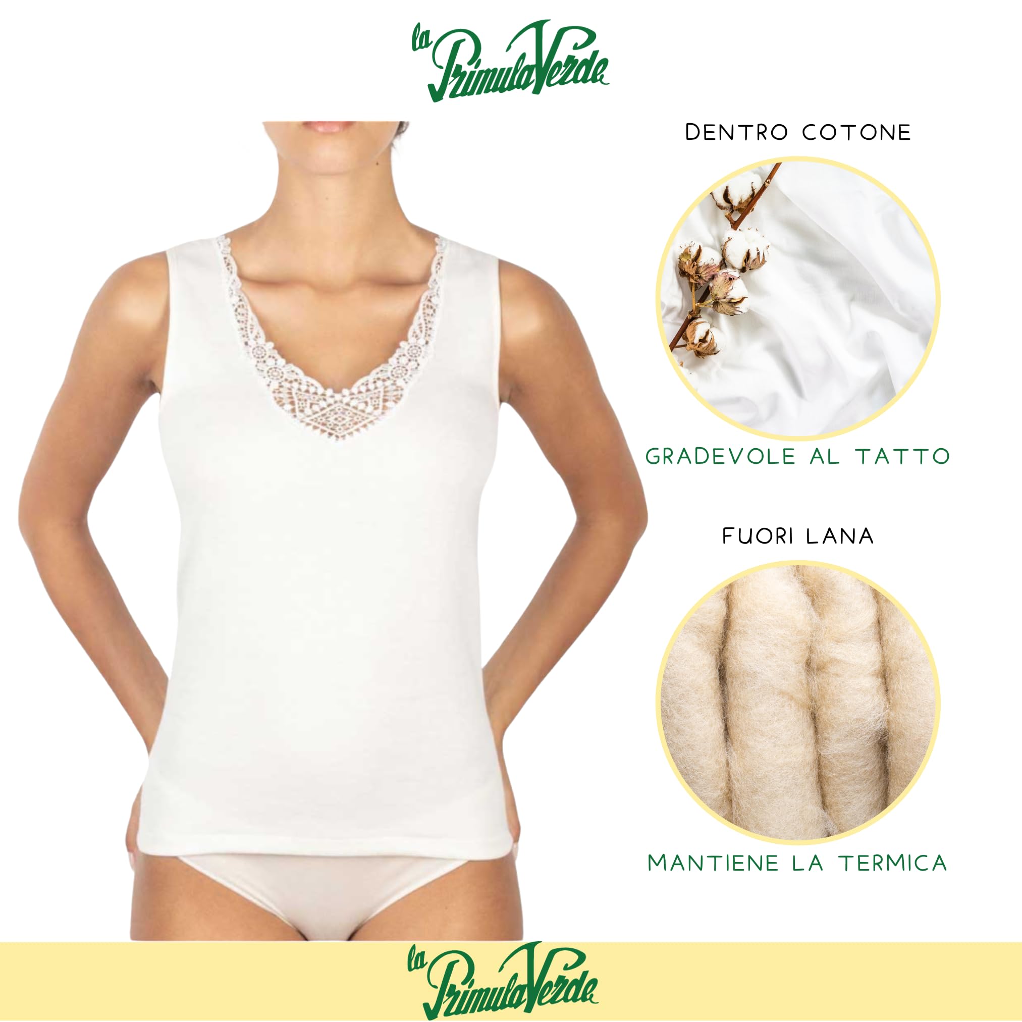 Canottiera Intimo Donna Spalla Larga con Pizzo, Canotta Lana Cotone, Maglia Termica Donna, Ideale Termica in Stagione Invernale, da 3 a 8, Made in Italy