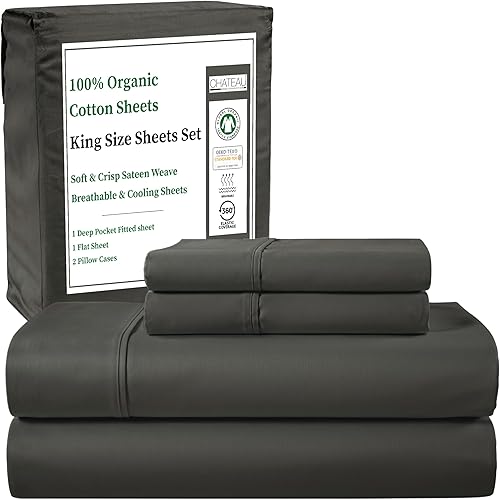 Juego de sábanas 100% algodón tamaño King con sábana bajera y juego de fundas de almohada, juego de sábanas de 4 piezas con bolsillo profundo de