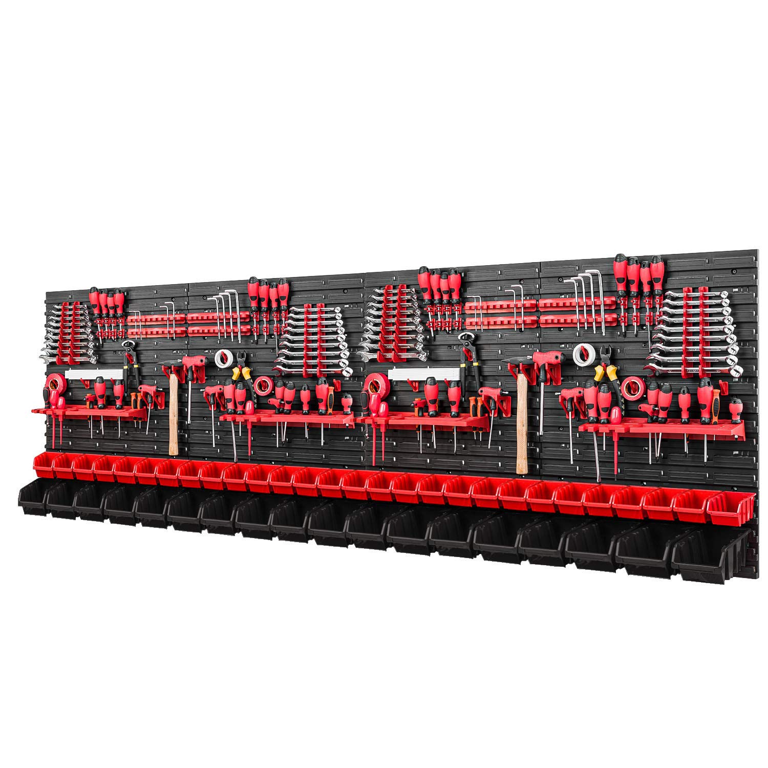 Pafen Black Tool Wall Stacking Boxes - 2304 X 780 Mm - Storage System Set Tool Holders And 46 Red/ Boxes - Wall Shelf Workshop Shelf Perforated Wall Storage Boxes