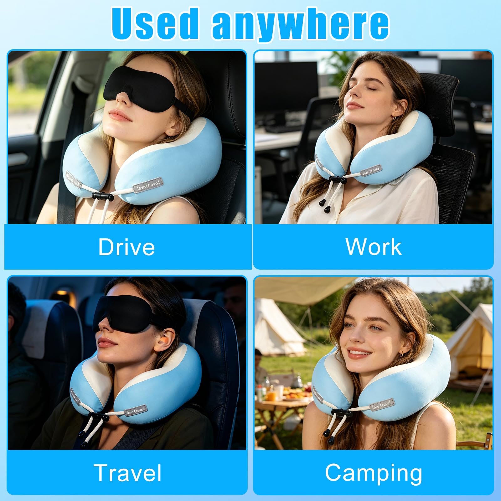 Cuscino da Viaggio Aereo, Cuscino Cervicale Memory Foam Ergonomico a Forma di U con Federa in Ice-Seta, Ideale per Auto Treno Ufficio, Incluso Maschera per Dormire e Tappi per le Orecchie