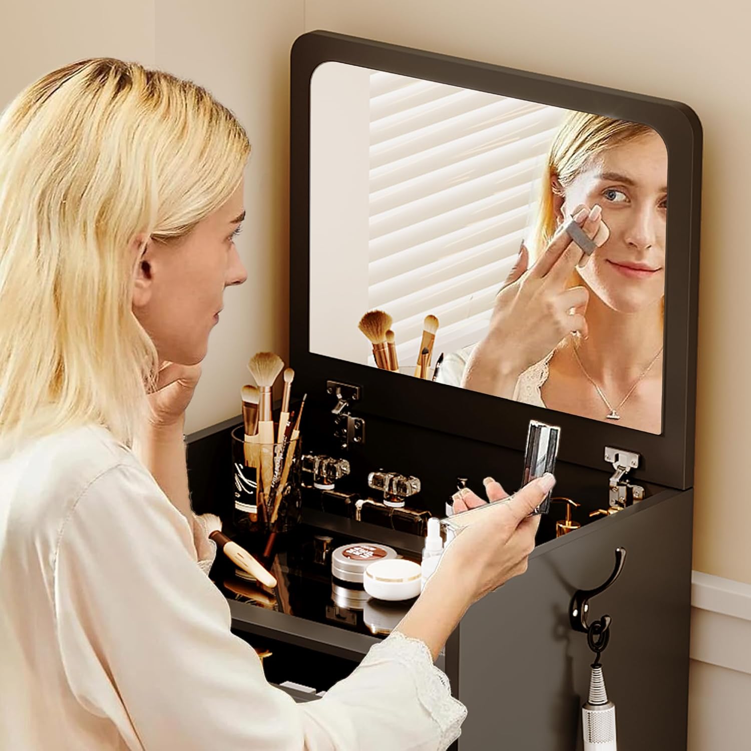 3 in 1 Make Vanity Desk with Flip Top Mirror,Glass Top Makeup Vanity Table with Cushioned Stool,Small Dressing Table with 3 Drawers,Compact Vanity Set for Apartment,Dormitory(Black)