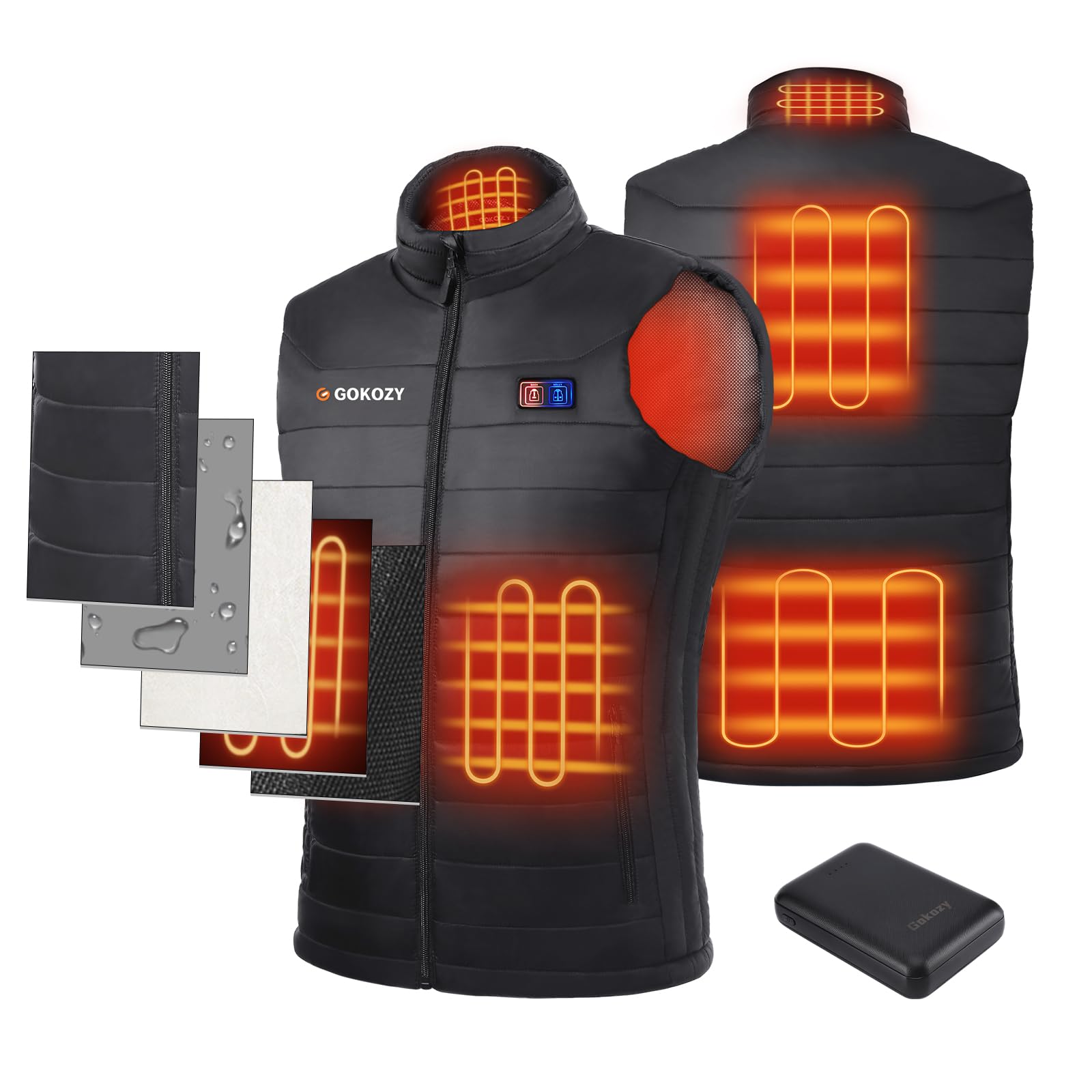 Gokozy gilet chauffant homme avec 10000mah batterie incluse pour 5 zones de chauffage Gilet chauffant Réglage en trois étapes pour un chauffage rapide intelligent chauffé pour la pêche et la chasse