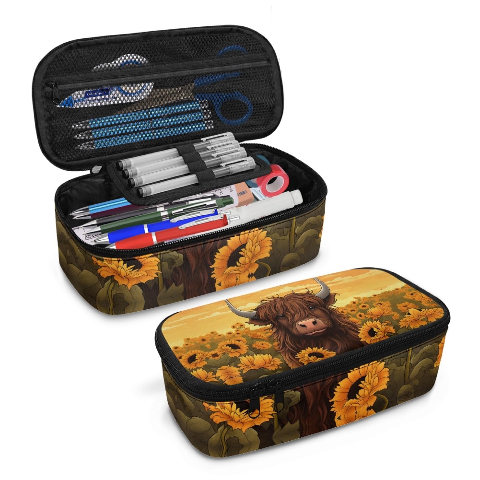 Cattle Sunflower Girls Pencil Pouch, Large Capacity Pencil Case for 3-18 Years Kids Children, Unisex Pencil Bag for School, Office, Makeup, Gift