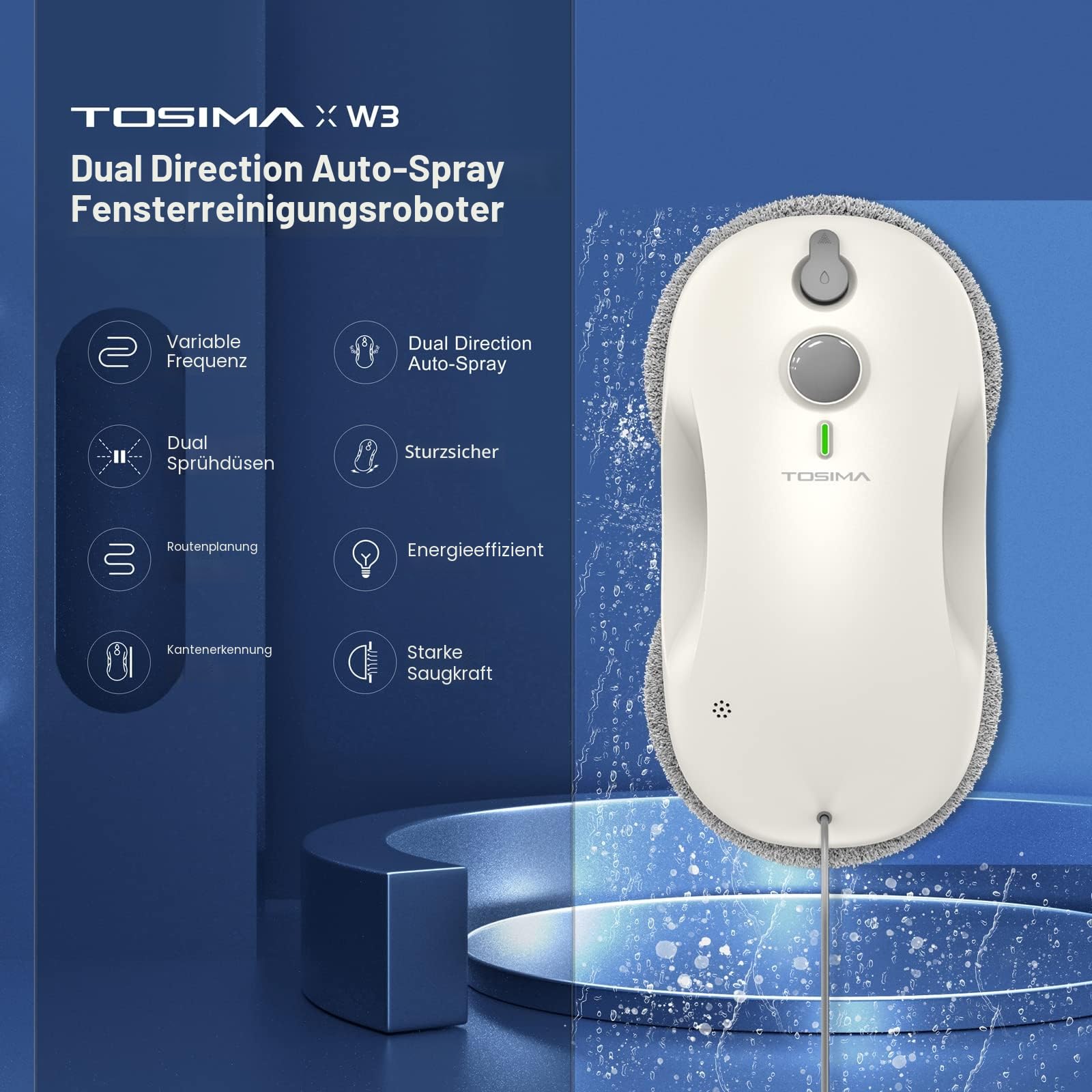 Tosima W3 fensterputzroboter Automatisches Sprühfunktion mit 80ML Tank, dreifachem Sicherheitssystem,fensterroboter Intelligenter Navigation, Fernbedienung, für alle Glatten Oberflächen,mit 12 Tüche
