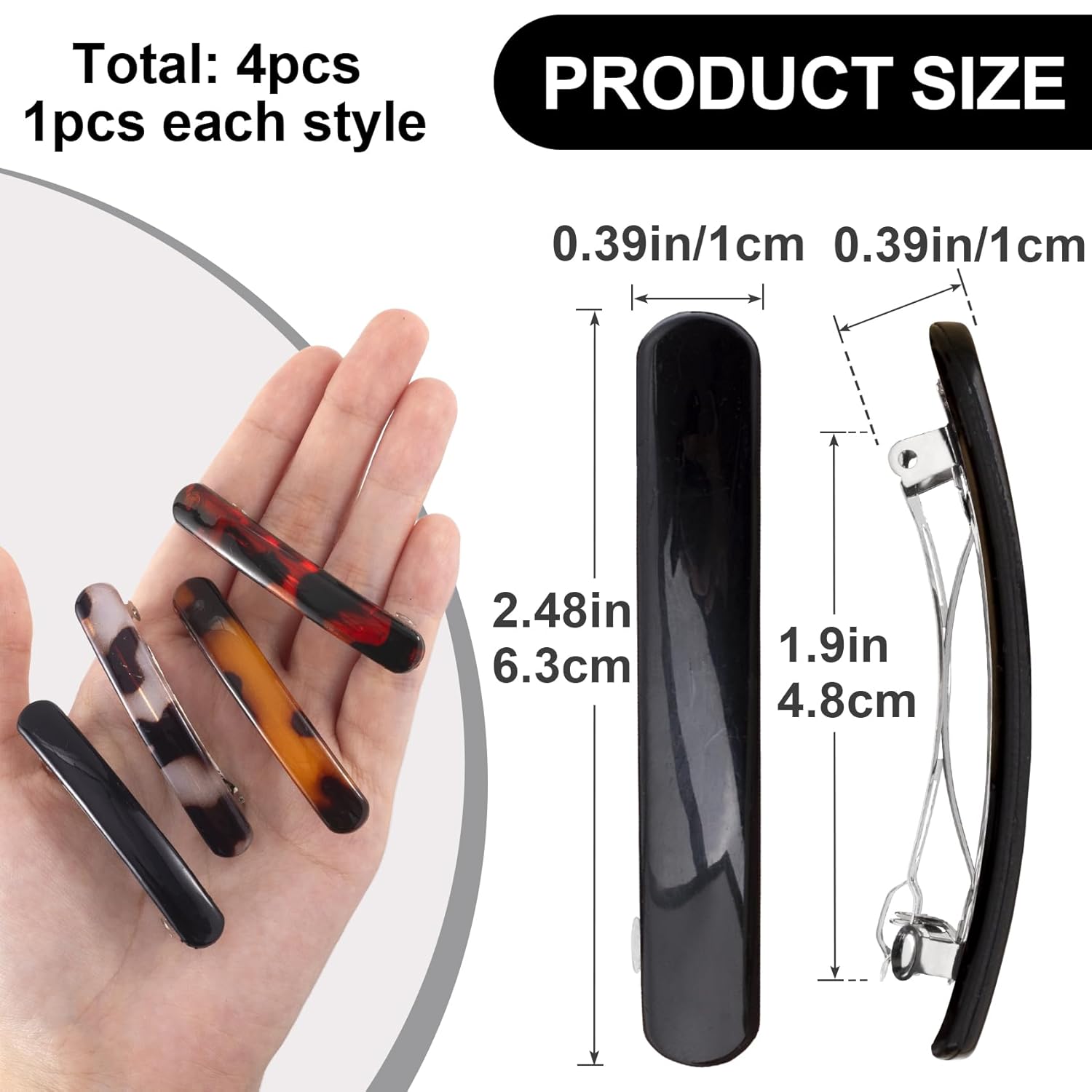 4PCS French Hair Clips for Women, Oval Shape 2.48” Big Tortoise Shell Spring Snap Hair Barrettes for Thin Long Fine Hair -Black, Red, Brown, Gray (Bright Color) - Image 2