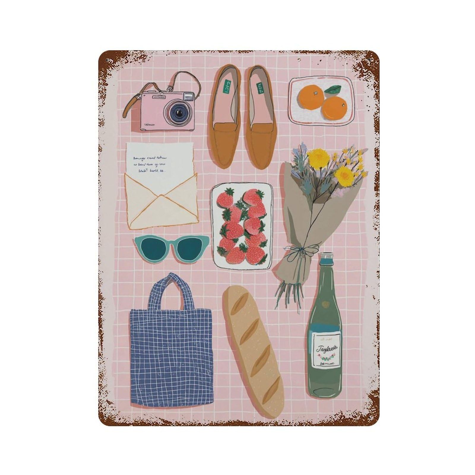 xiaoxiaoshen Parisian Picnic Pink Aesthetic with Flowers Baguette And Camera Modern Kitchen O Wall Decor Art Metal Tin Poster Modern Home Decor Art Home Bar Shop Decorations Vintage Sign 40x30cm