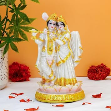 BangBangDa Hindu God Radha Krishna Statue - 5.7" H Marble Color India Murti Pooja Item for Indian Couple Valentines Day Gifts for Indian Man Women Lady Lord Krishna Idol