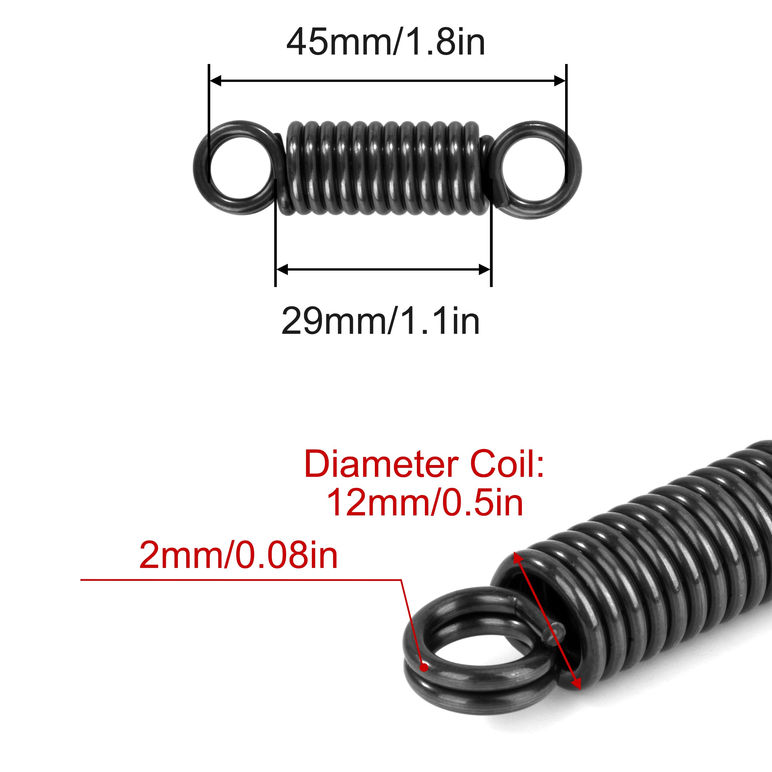 Sprężyny przedłużające 45 mm Sprężyny naciągowe z hakiem 180 stopni 2 zwoje Sprężyna z drutu fortepianowego Średnica zewnętrzna 12 mm Średnica drutu 2 mm Siła Sprężyna 12,3 kg 4 szt