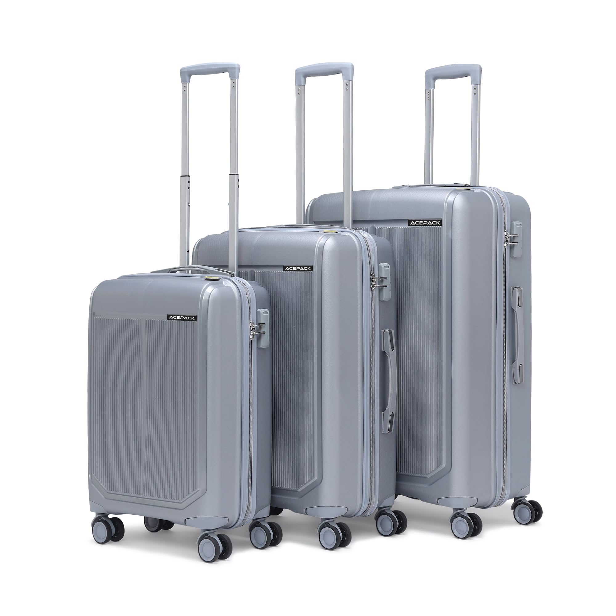 ACEPACK - MEGATRON Set Of 3 Pieces (Small + Medium + Large) Trolley Bag, Lightweight Luggage Suitcase With Spinner 8 Wheel, Unbreakable Polypropylene Hard Shell, In-Built Number Lock, 3 Years Warranty
