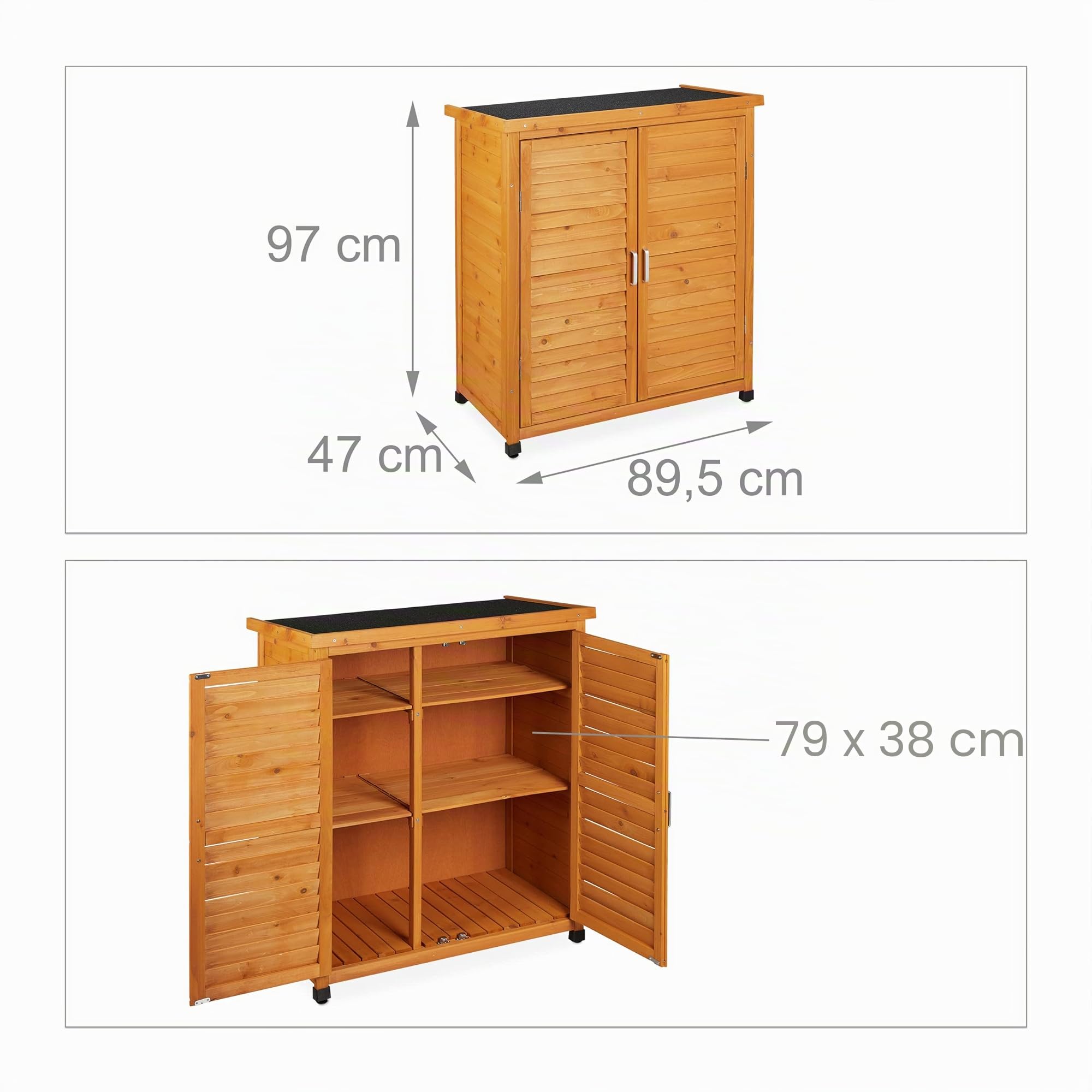 Relaxdays Armario Exterior 3 Baldas, Cobertizo Techo Inclinado, 2 Puertas, Herramientas, Madera, 97x86,5x47cm, Natural
