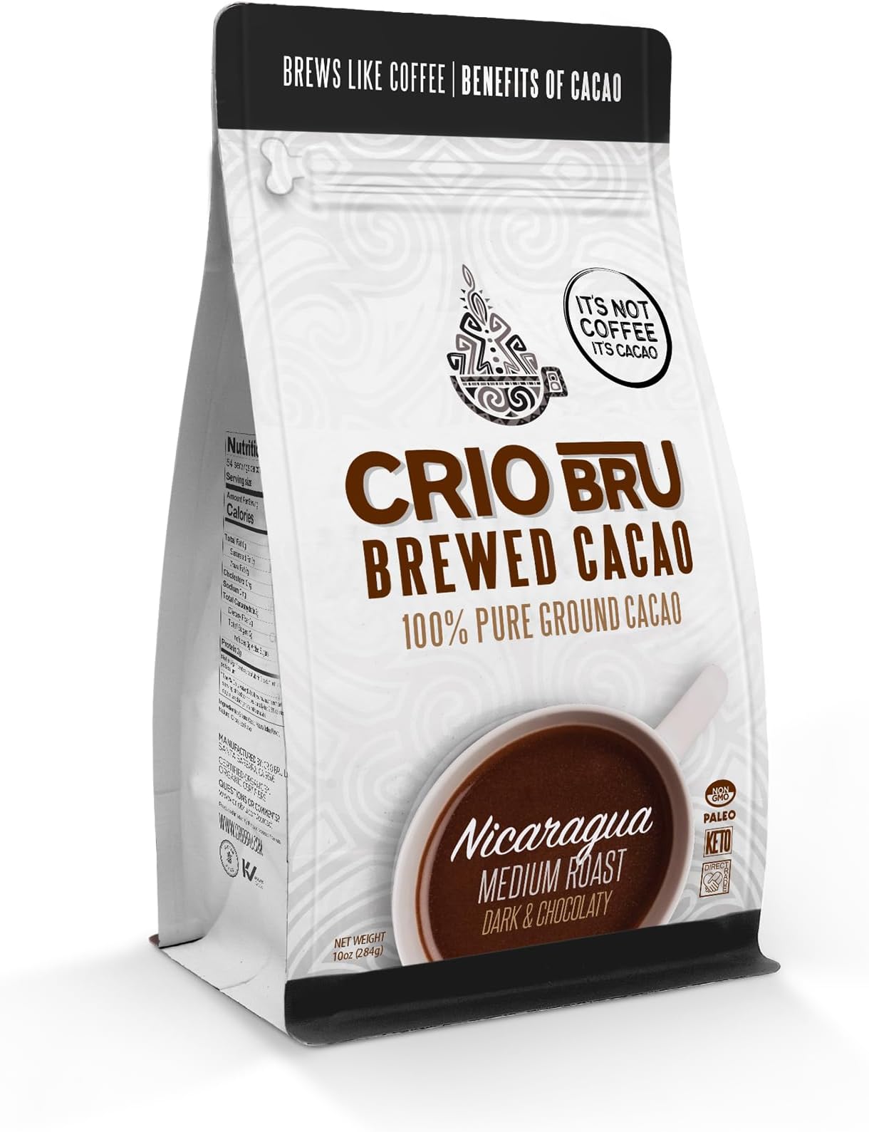 Crio Bru Brewed Cacao Nicaragua Medium Roast Coffee Alternative, 100% Pure Ground Cacao Beans, 99% Caffeine Free, Keto, Low Carb, Paleo, Non-GMO (10 Ounce (Pack of 1), Organic)