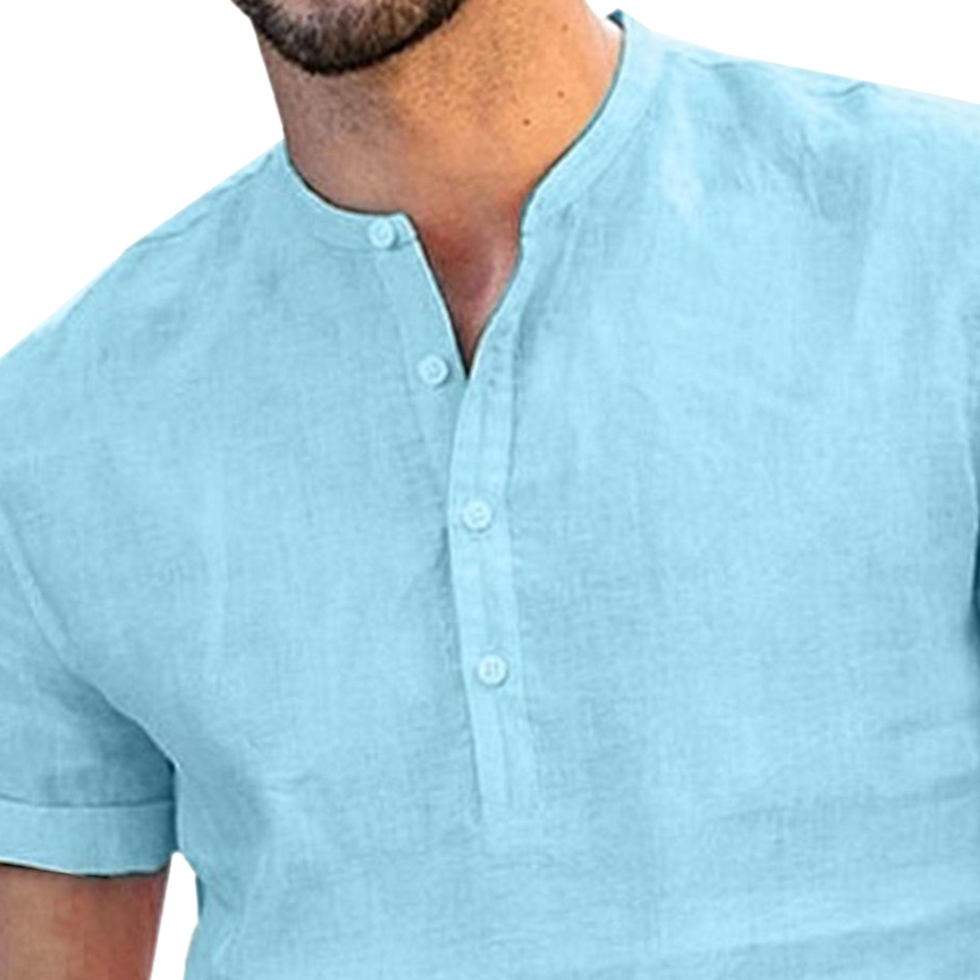 Men Short Sleeve Round Neck Cotton Linen T Shirt Quarter Button Sport Shirt Summer Breathable Comfortable Top (Light Blue,3X-Large)