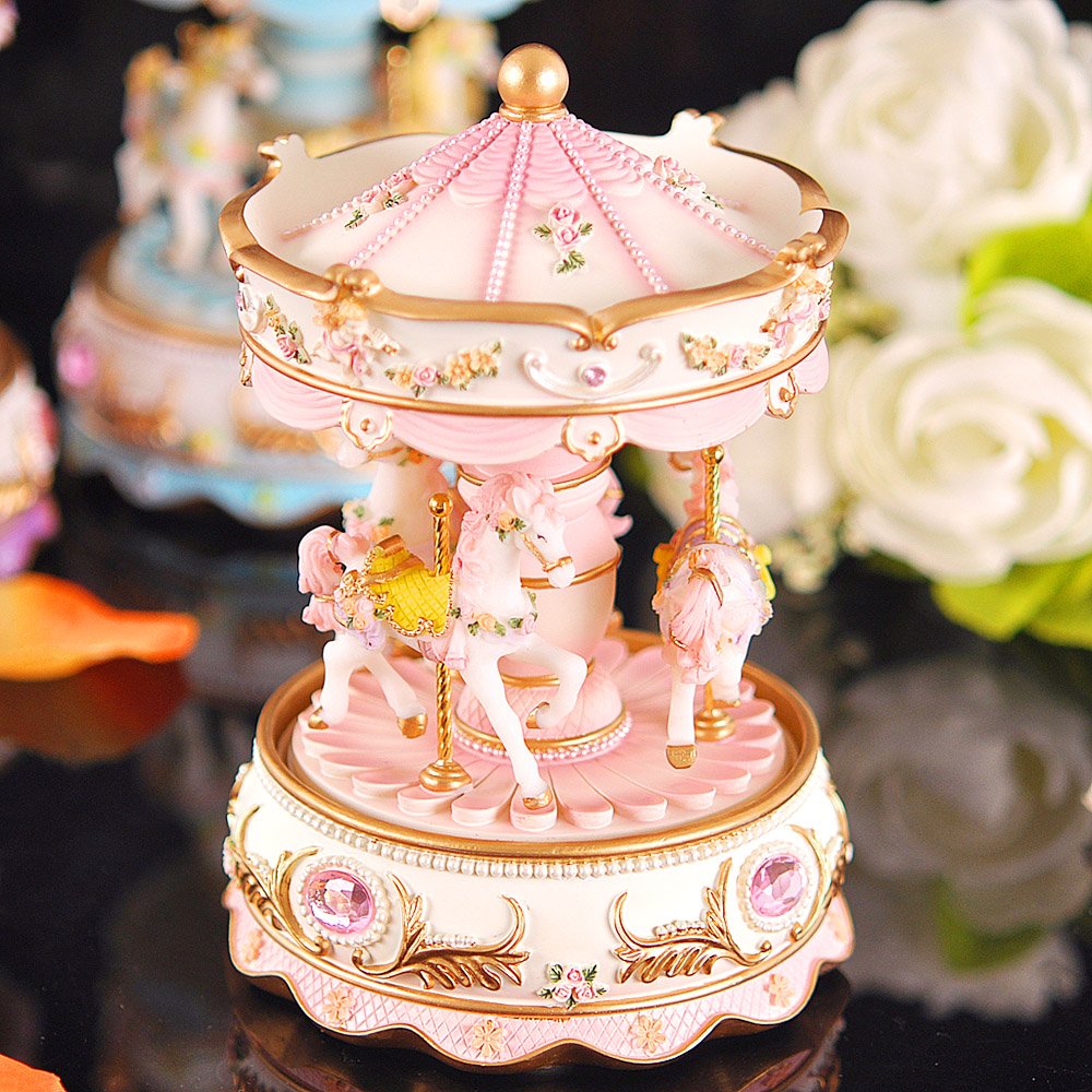 Docooler Boîte à Musique Mécanique Mini Carrousel LED Colorée Manège Boîte Musicale Cadeau pour Petite Amie Gamins Enfants Fête de Noel Rose