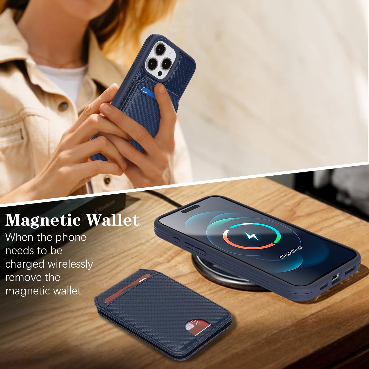 Ｈａｖａｙａ Compatible MagSafe for iPhone 16 Pro Wallet Case - Detachable 2-in-1 Magnetic Cover, Textured Carbon Fiber, with Card Slots & Wireless Charging - Cobalt Blue