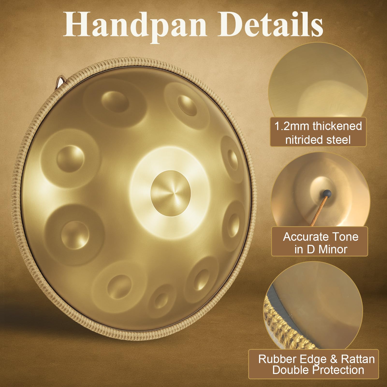 12 Töne Handpan Instrument, 22 Zoll Gold Hand Pan Drum Steel Tongue Drum Zungentrommel für Yoga, Meditation mit Handtaschen Trommelstöcken, Trommelständer, Lappen (440HZ)