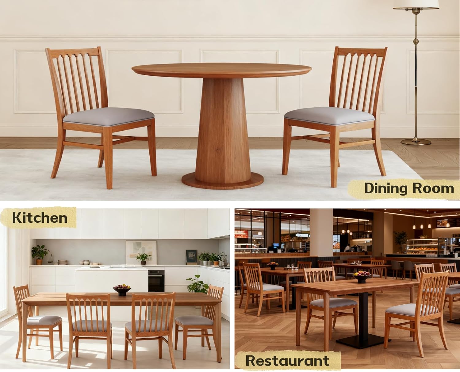 chairus Upholstered Dining Chairs Set of 6, Natural Wooden Barrel Kitchen Chairs with Slat Back Double-Layer Cushion Farmhouse Accent Chairs for Dining Room/Living Room/Restaurant, Chenille Grey Chenille Grey 6 PC