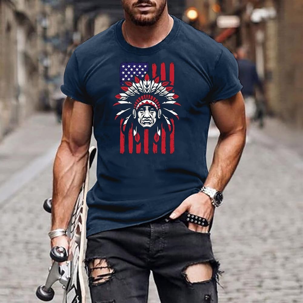 Qenging Men's Patriotic Blouses Casual Basic July 4th Tees Man