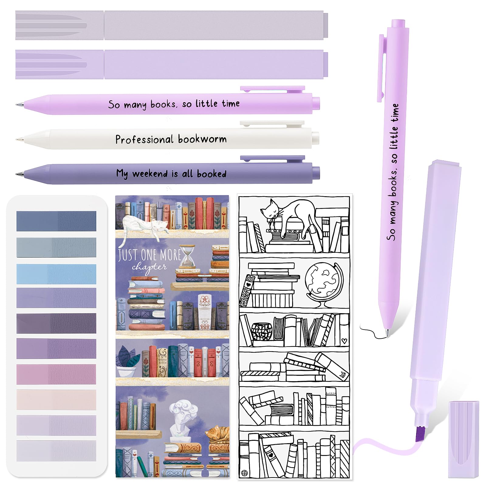 Spakon 7 Pcs Book Lovers Gifts for Readers Bookish Book Annotation Kit Aesthetic Pastel Highlighters No Bleed Gel Pens Reading Tabs Bookmark for Women