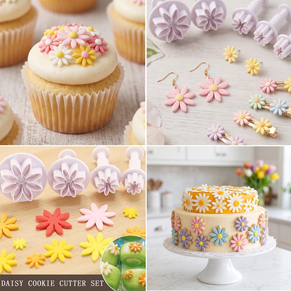 4 PCS Daisy Fondant Cutter Flower Cookie Cutters Chrysanthemum Plunger Cutters Cute Dessert Decorating Accessories DIY Summer Cookie Cutters Tools for Biscuits, Sugar Cubes, Chocolate Cake Decoration