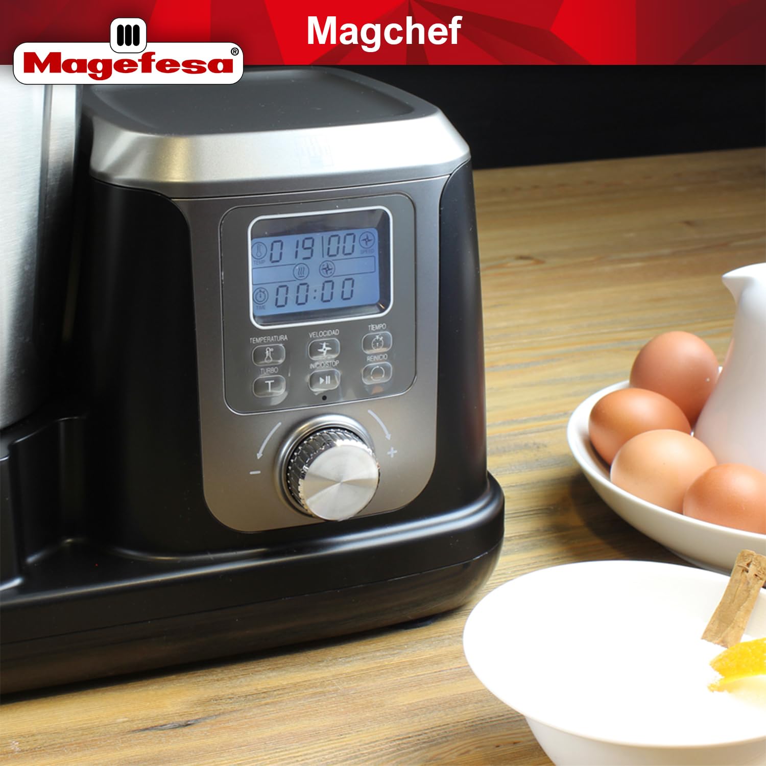 Magefesa Magchef - Robot de Cocina Multifunción Negro, 3.3L, 23 Funciones, Incluye Recetario, Espátula, Batidor, Protector de Cuchillas, Vaso Medidor