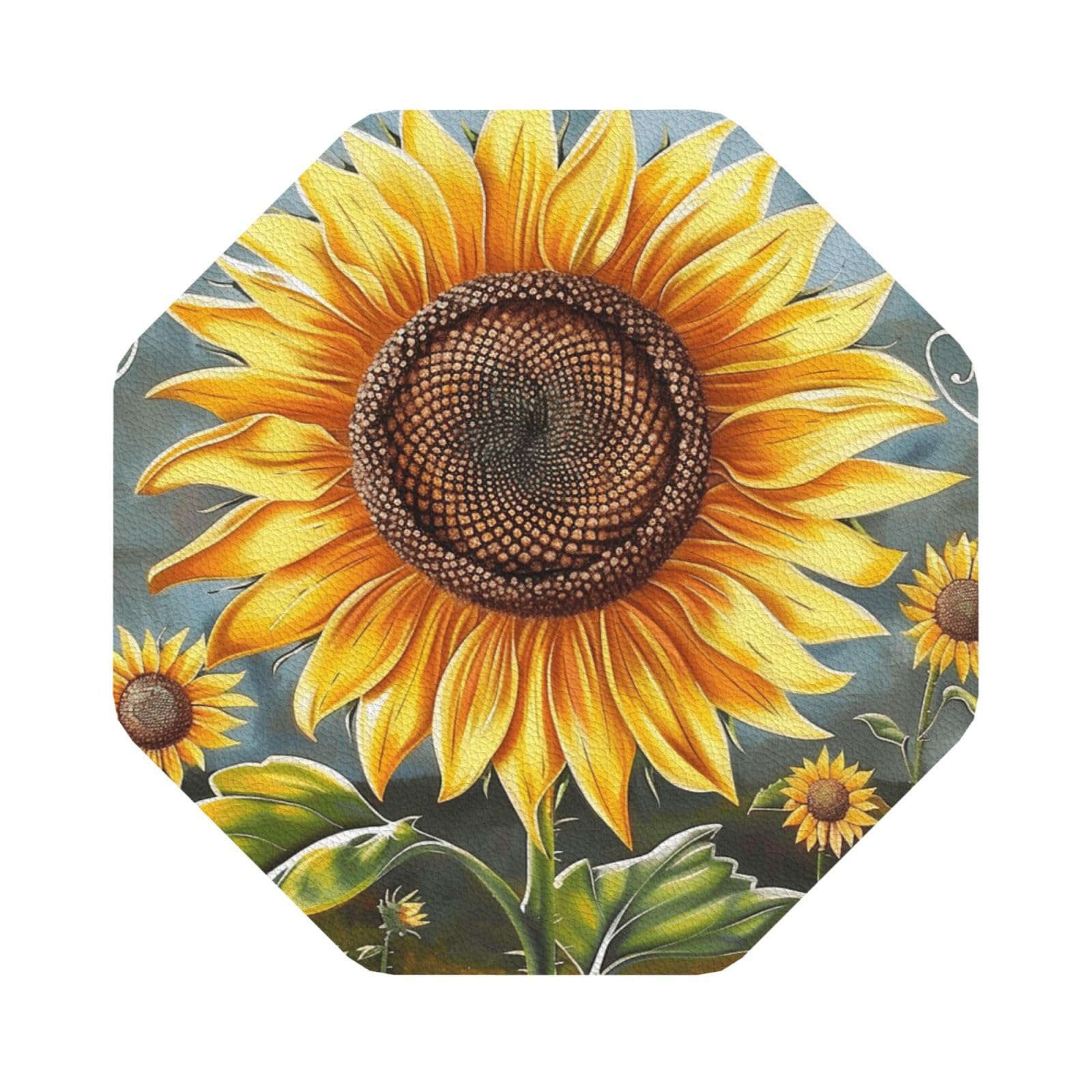 You Are My Sunshine Sunflower Print Leather Coaster Set of 6, Octagon Coasters Table Decorative Coffee Cup Beverage Coasters Wine Beer Bar Coasters for Hot Drinks Table Protection