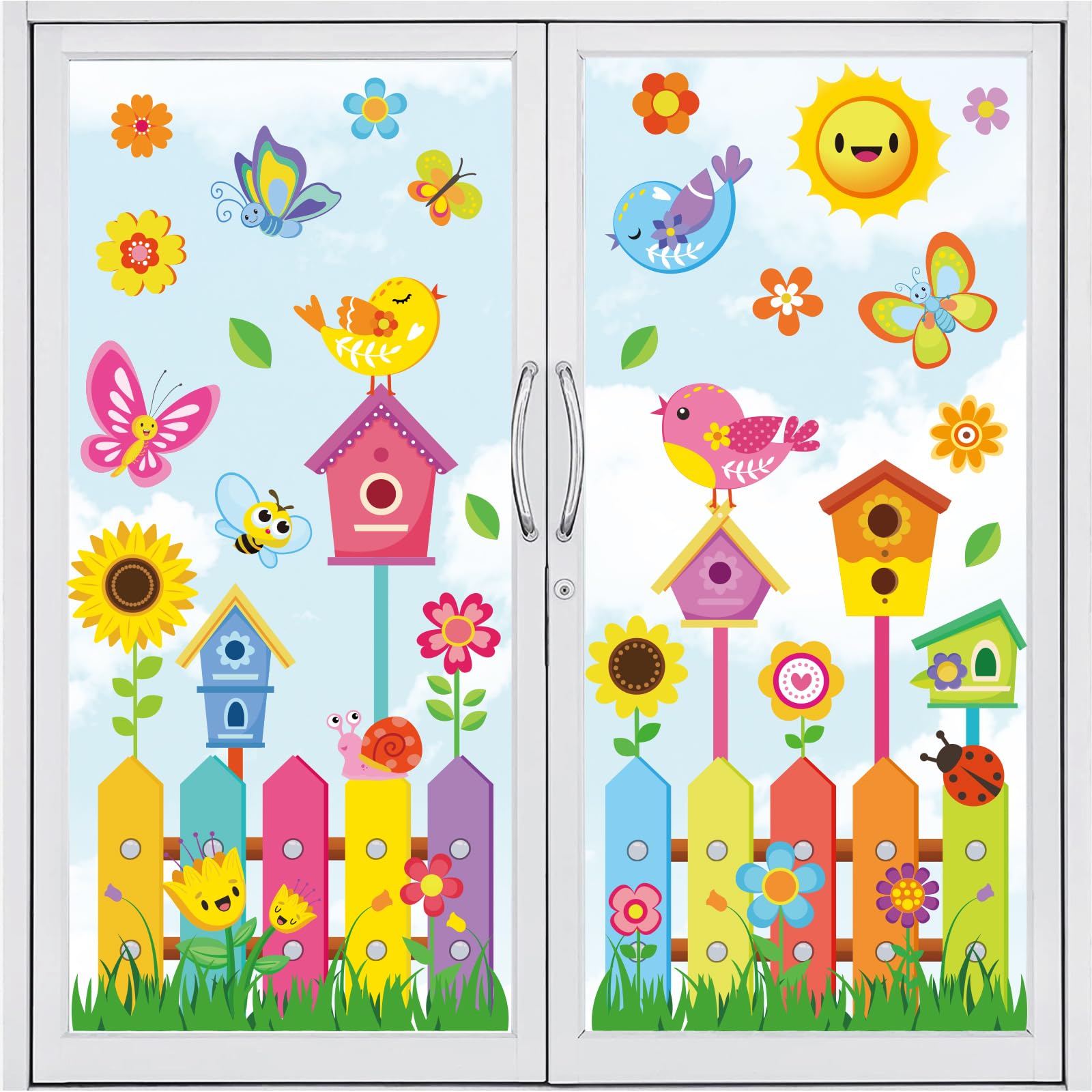 Whaline 6 Sheets Spring Summer Window Clings Cartoon Flower Birds Butterfly Window Decals Double-Sided Seasonal Floral Garden Fence Anti-Collision