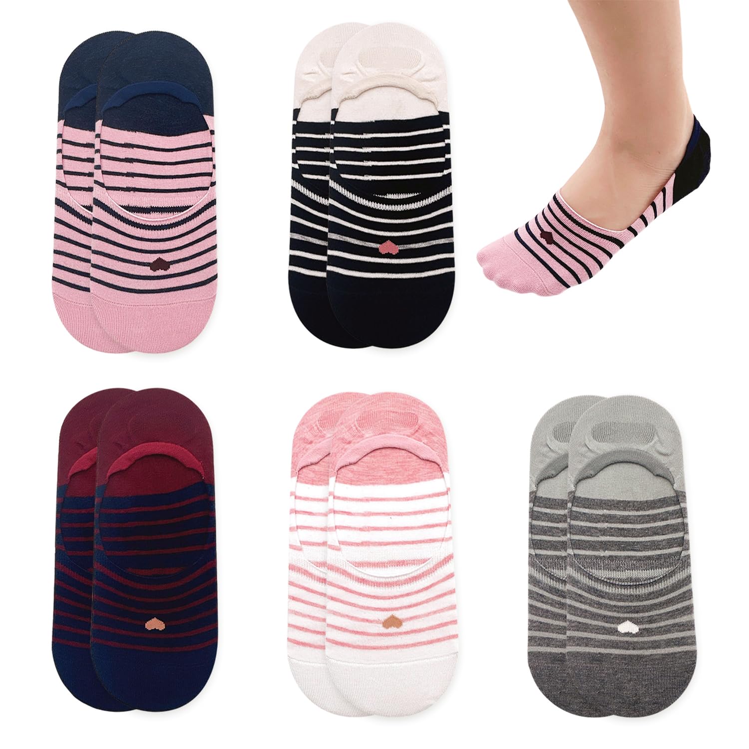 Ffdhwu Unisex Black 5 Pairs Of Striped Women's Socks, Soft And Breathable Women's Socks, Fashionable Women's Socks, Non-Slip Socks, Invisible Sports Cotton Socks
