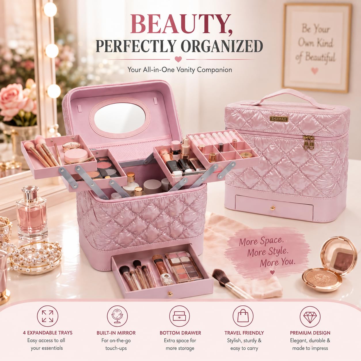 SHAMAX Big Makeup Organizer Box with Mirror, 4 Trays & Drawer Cosmetic Vanity Case Portable Cosmetic Organizer Spacious Vanity, Travel and Storage (Pink) 2