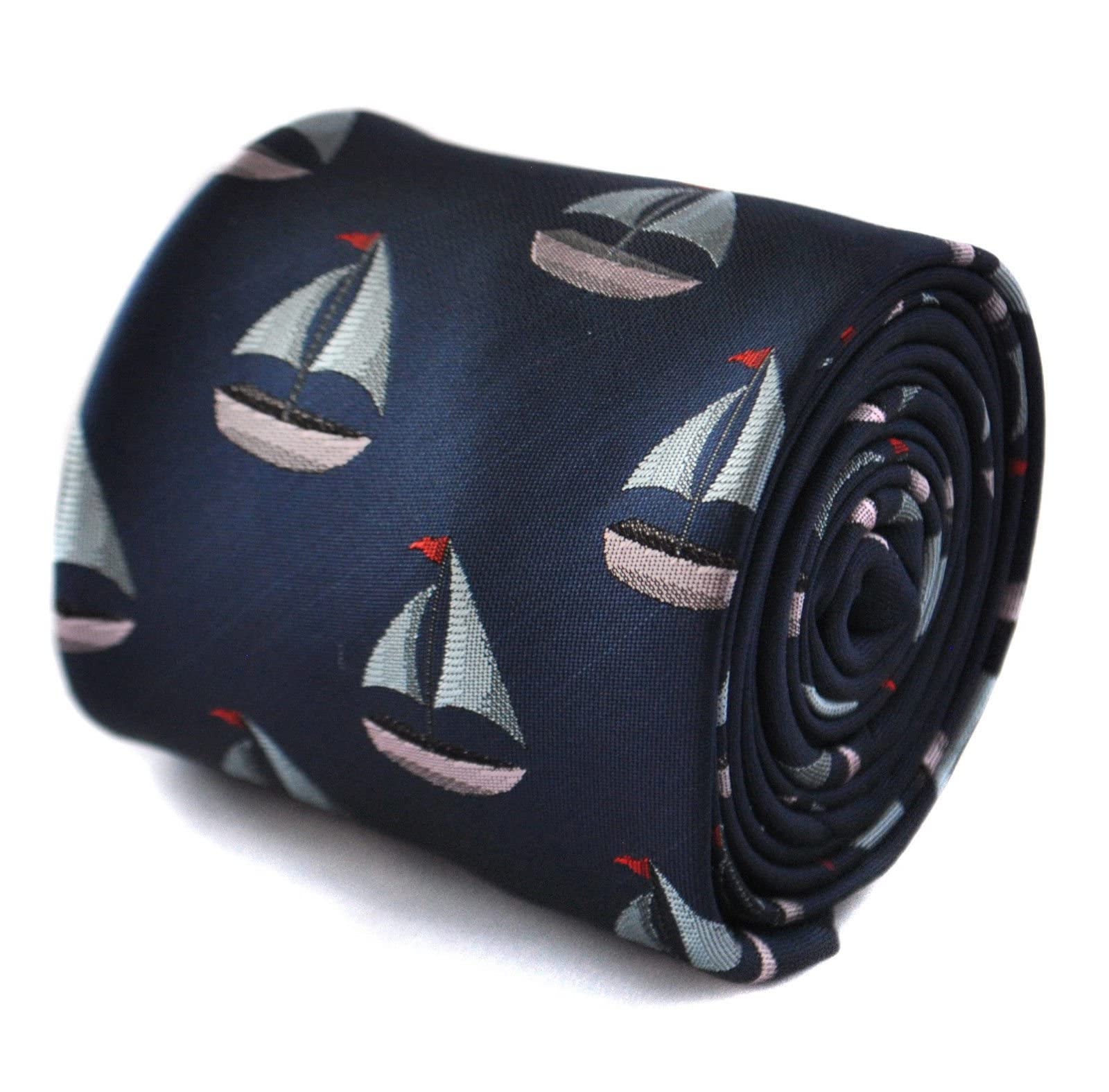Frederick Thomas Designer Mens Tie - Dark Navy Blue - Embroidered Nautical Boat
