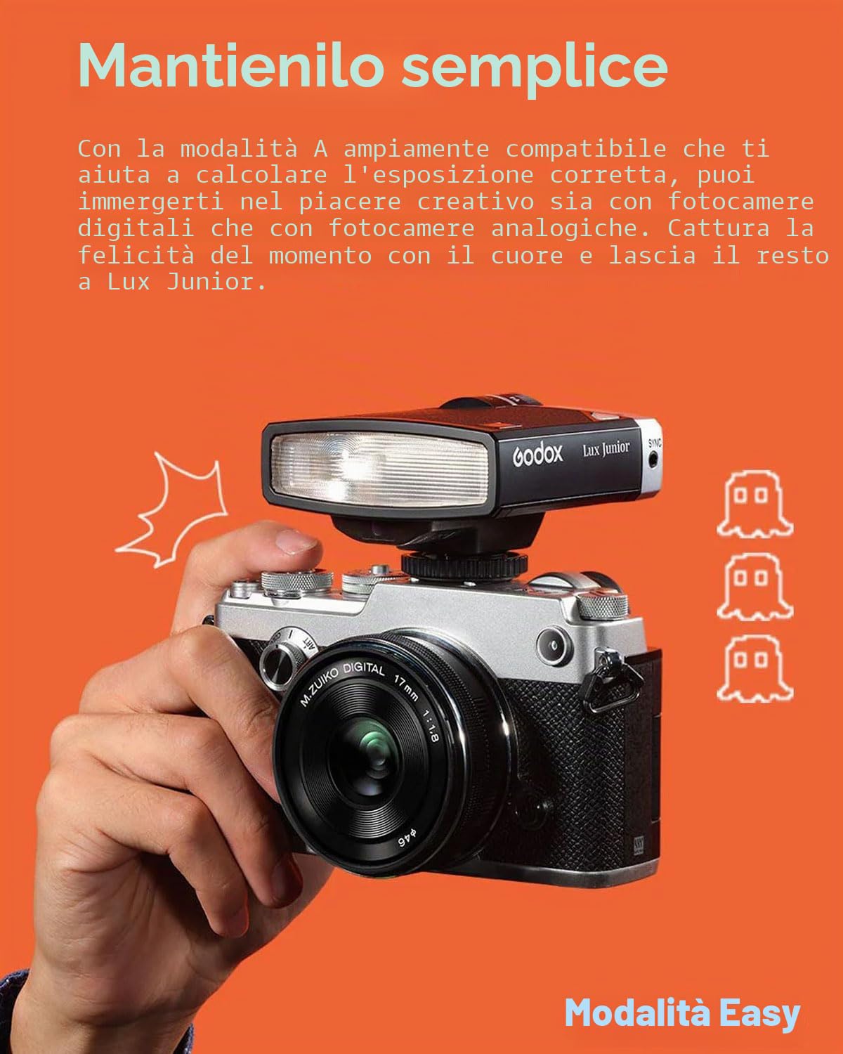 Godox Lux Junior-Flash retrò per fotocamera,Speedlite GN12 6000 K +-200 K CCT,modalità automatica e manuale 1/1-1/64,lunghezza focale 28 mm per fotocamere Canon Nikon Sony Fuji Olympus Hot Shoe,Nero
