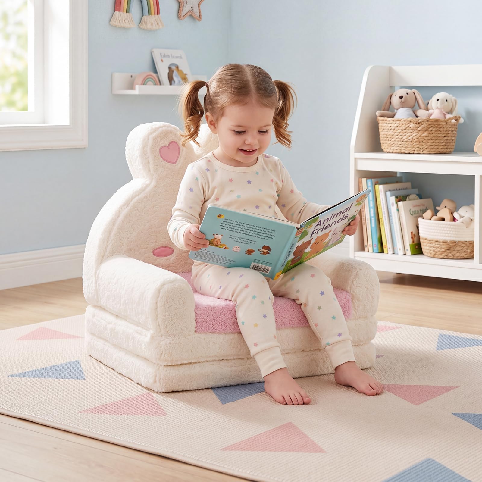 COSTWAY Sofá Infantil Plegable 2 en 1 (Conejo,Rosa) | Sillón Convertible para Niños con Funda Desmontable, Bolsillo de Almacenamiemto, Tumbona de Felpa para 18-36 Meses