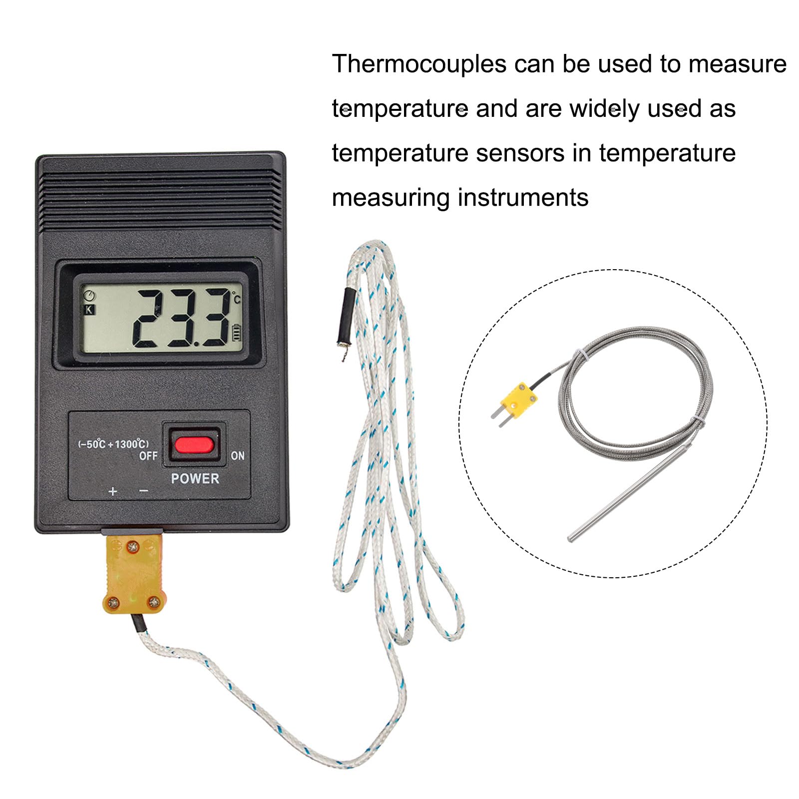 QUARKZMAN Typ K termoelement z licznikiem wtyczek, czujnik temperatury od 0 do 600°C (32 do 1112°F) stal szlachetna 5 x 100 mm drut 6,6 ft