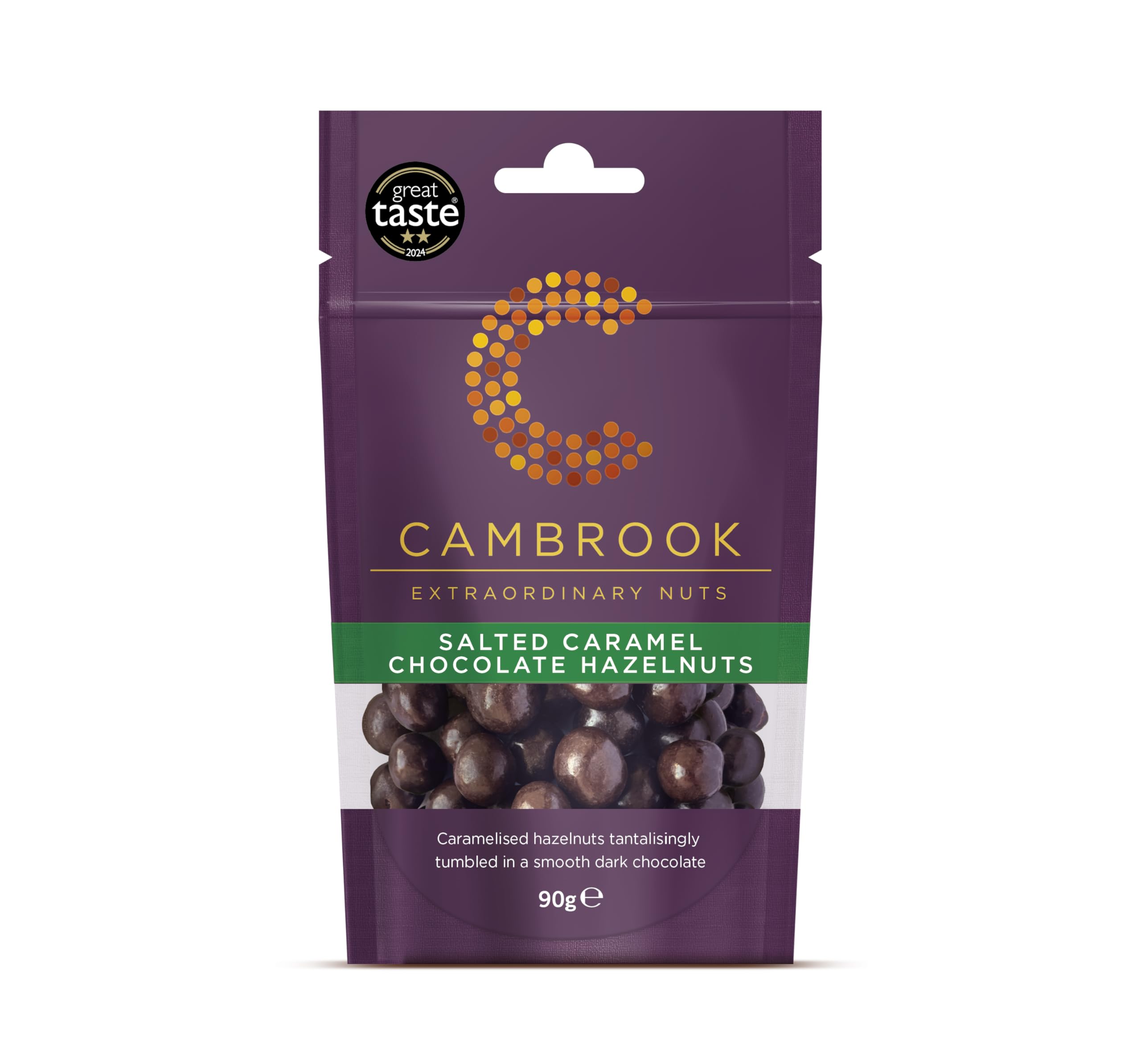 Cambrook Salted Caramel Dark Chocolate Hazelnuts, 90g Bag