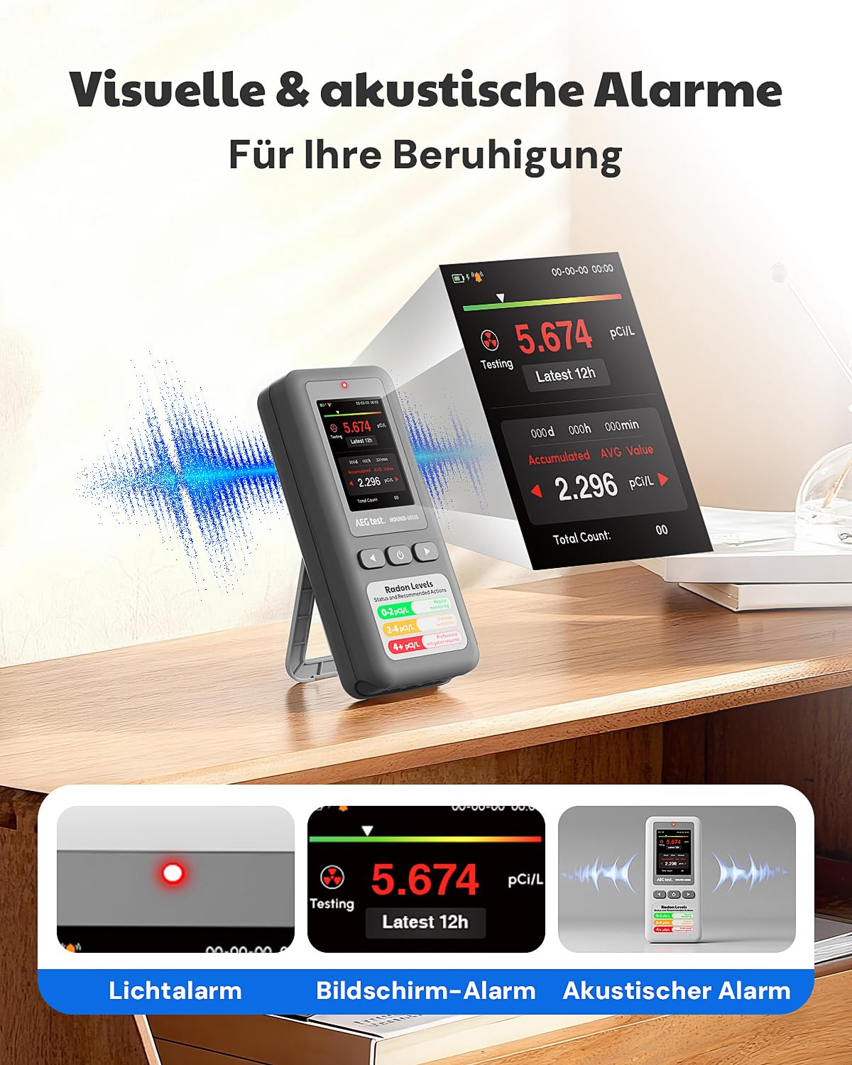 HOUND-1011S Tragbarer Radon-Detektor, Hochpräziser Sensor, Akustischer und Visueller Alarm, Langzeitüberwachung