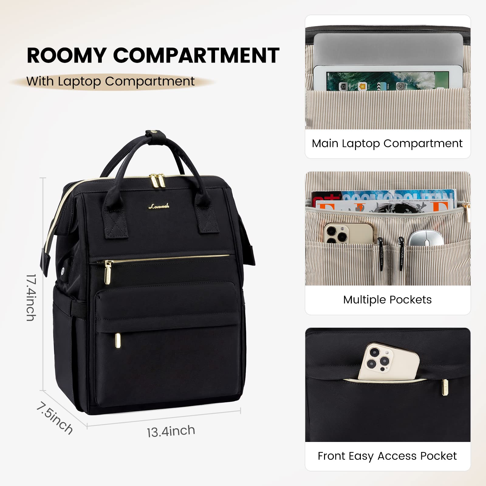 LOVEVOOK Schulrucksack Jungen Teenager Groß, 17 Zoll Laptop Rucksack Damen Arbeitsrucksack mit USB Ladeanschluss & Laptopfach, Wasserdicht Daypacks für Arbeit Reise Schule Uni, Schwarz