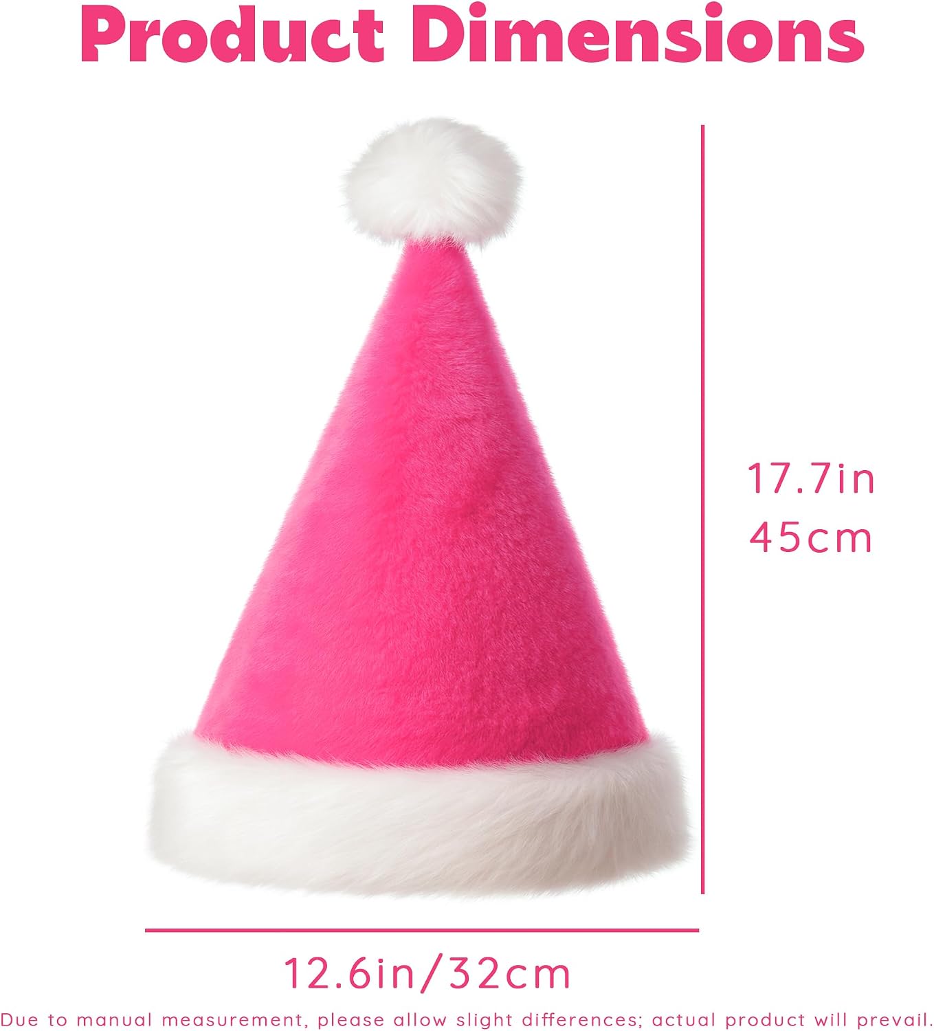 Pink Santa Hat for Adults, Soft Plush Christmas Hat with White Trim, Cute Pink Christmas Hats for Women and Men, Fun Holiday Party, Office Celebration & Winter Costume Accessory