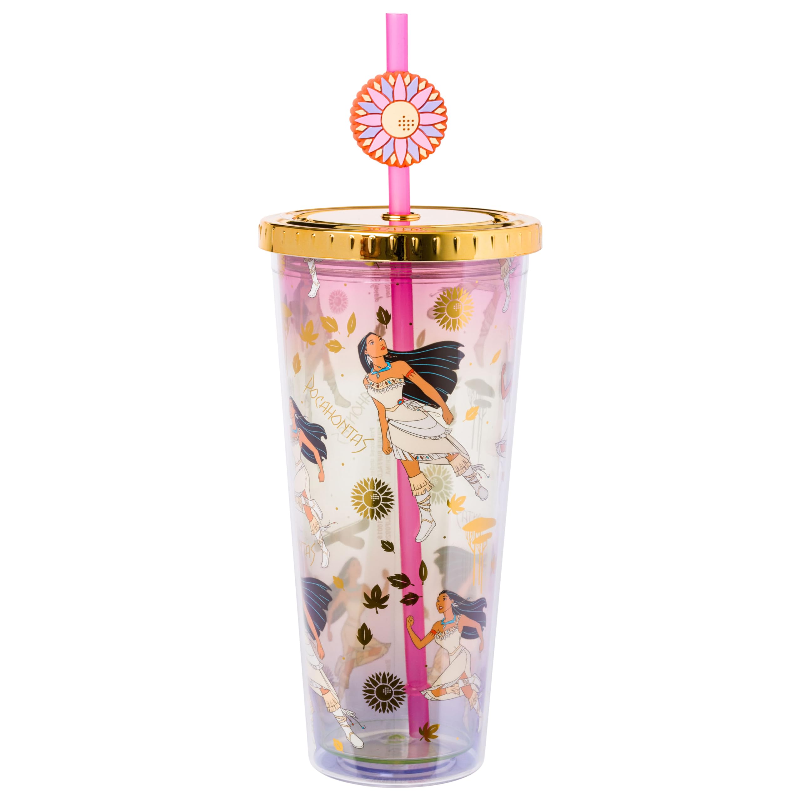 Silver Buffalo Disney Princess Pocahontas Plastic Cold Cup with Lid and Straw Topper, 24 Ounces