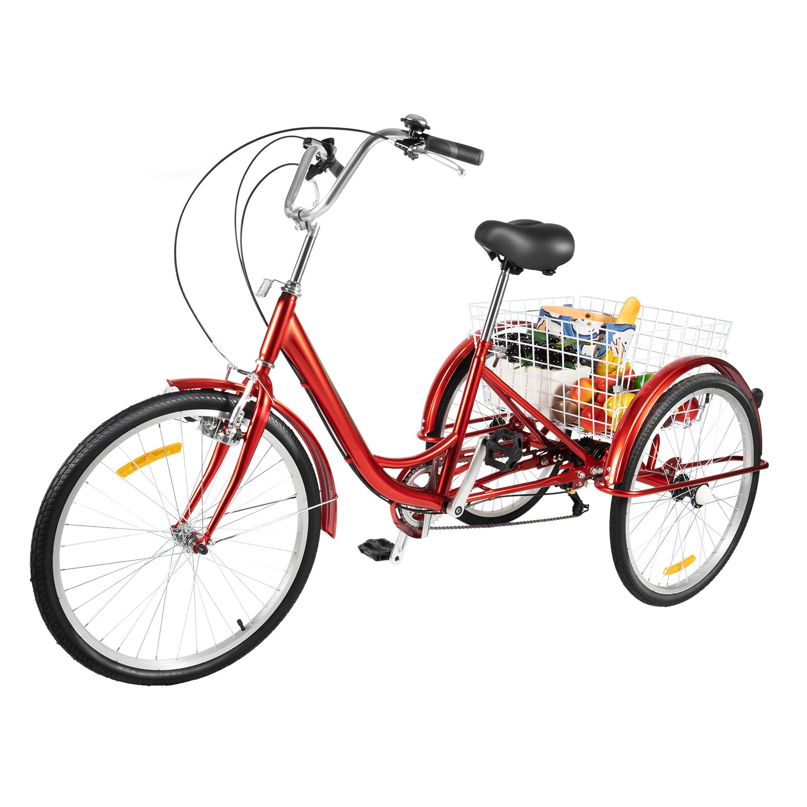 Triciclo de 24 pulgadas para adultos y personas mayores, robusto triciclo con 6 marchas, iluminación y cesta, manillar y asiento ajustables, bicicleta cómoda de 3 ruedas, rojo