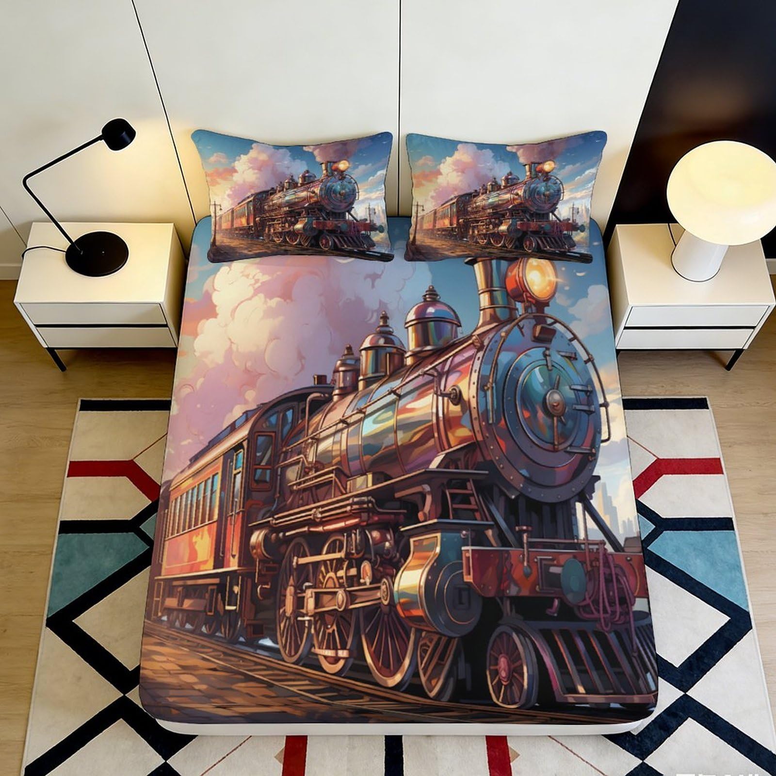 3D Printed Vintage Steam Train Fitted Sheet Microfiber Soft Bedroom Decor Railway Sunset Mattress Cover 90x200x25cm