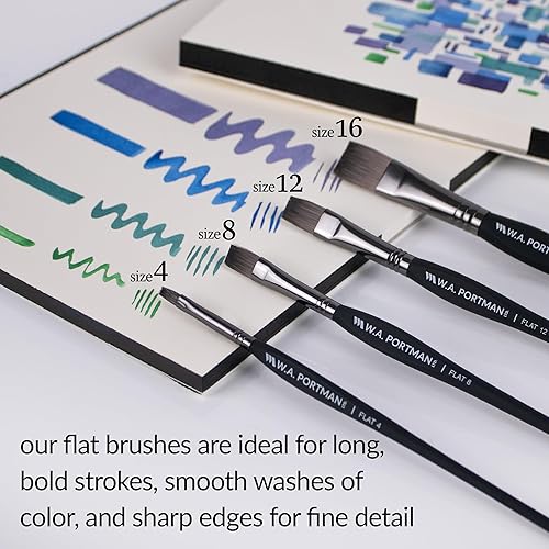 Miniatura 2 de W.A. Portman Juego de 4 pinceles planos para pintura de acuarela, pinceles profesionales para acuarela y pinceles acrílicos, pinceles acrílicos y