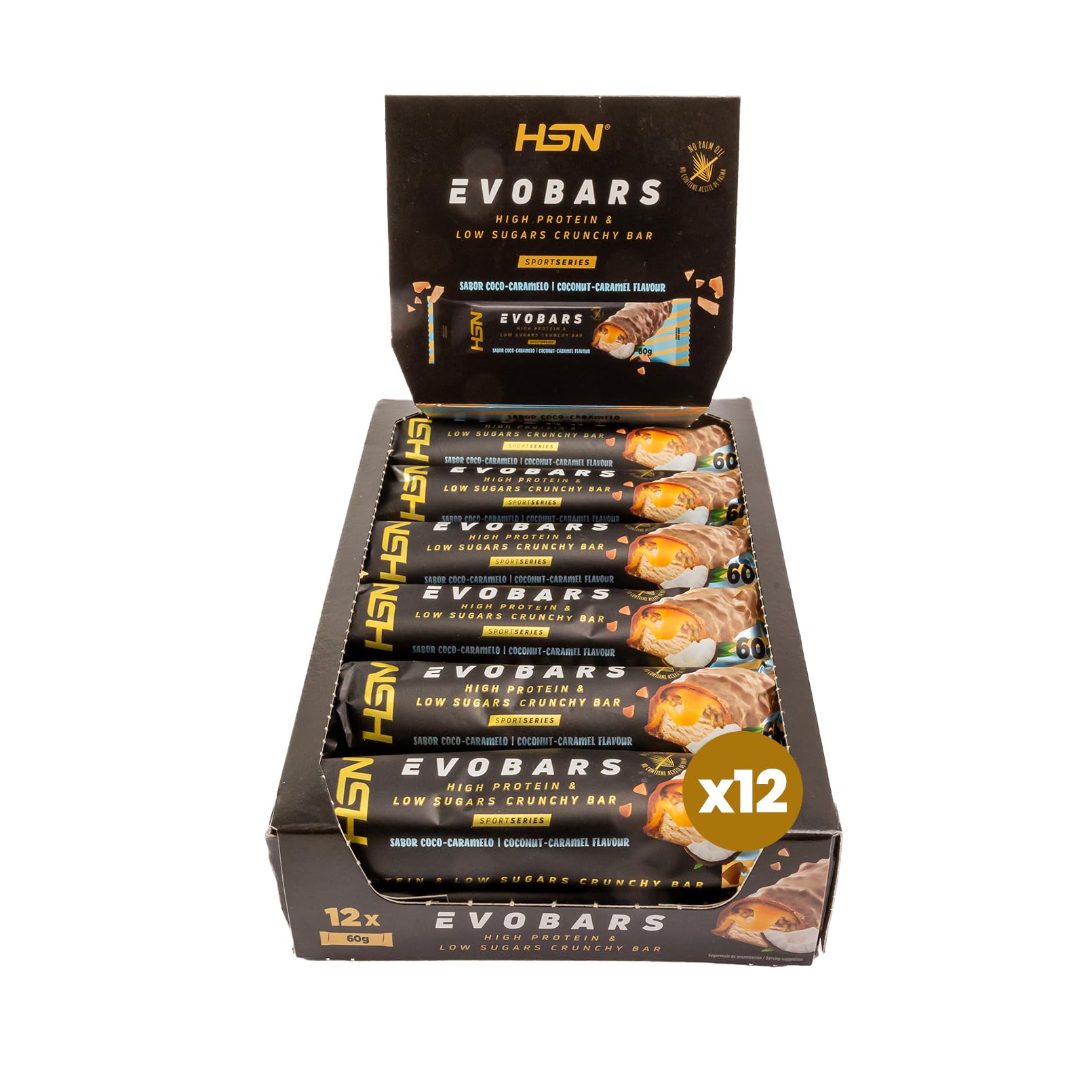 HSN Evobars Barritas de Proteínas 19g Proteína | Coco Caramelo - Pack 12x60g | Bajas en Azúcar y Sin Aceite de Palma | Snack Fitness Crujiente Alternativa a Batidos de Proteína