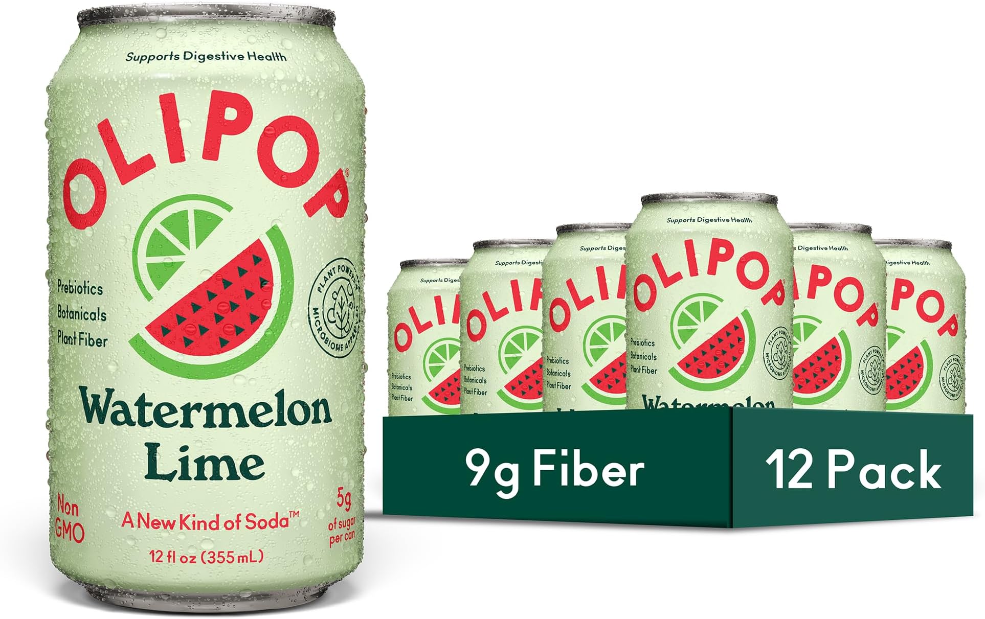 Prebiotic Soda Pop, Watermelon Lime, A New Kind of Soda Packed with Prebiotics, Fiber, and Botanicals, Gluten Free, GMO Free, 12oz (12-Cans)