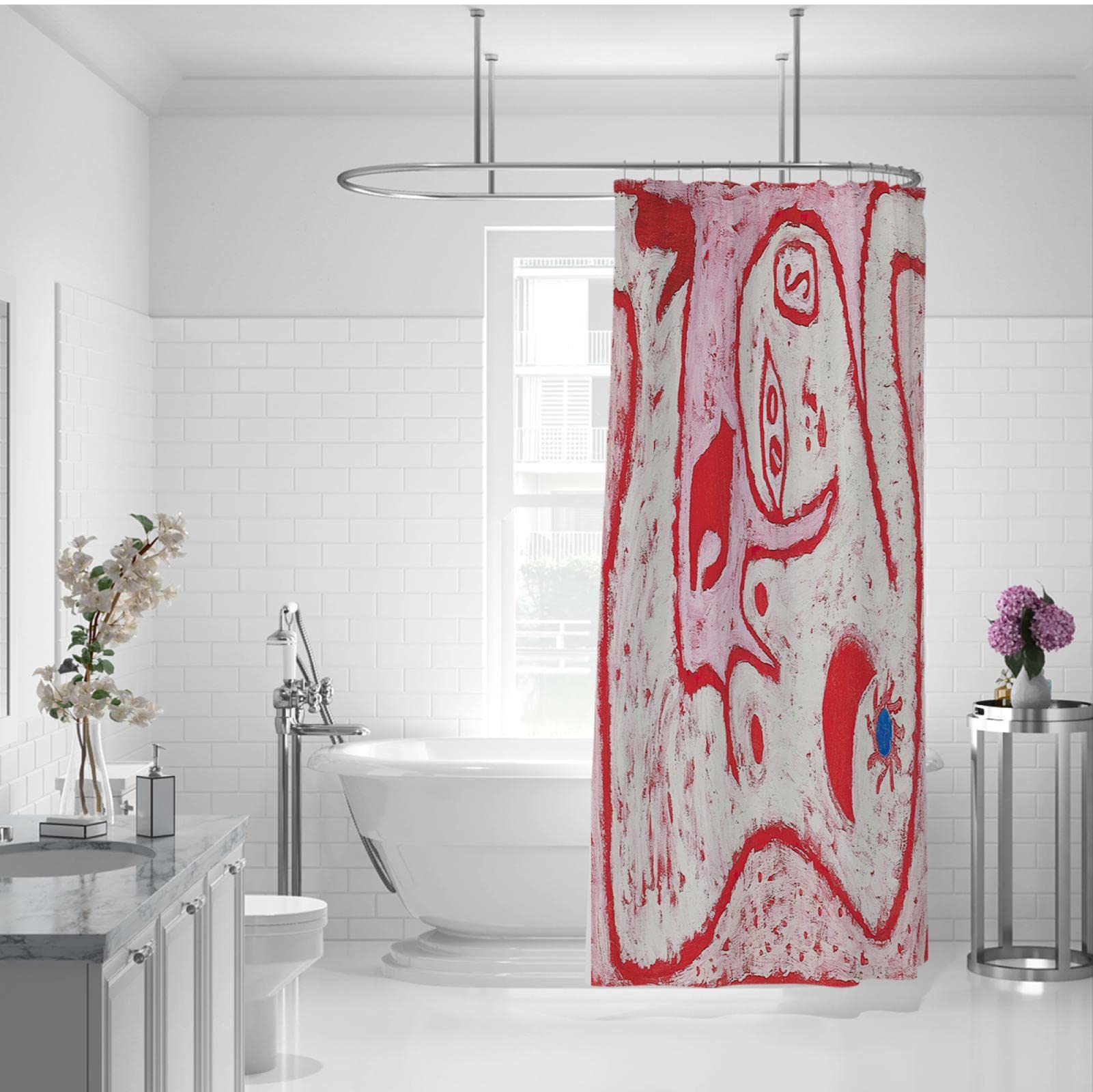 Karikatur Niedliche Duschvorhänge Rosa Wasserdichter Stoff Duschvorhang Roter Polyesterstoff Abstrakter Badevorhang für Erwachsene & Kinder Jungen Mädchen 180Bx200Lcm