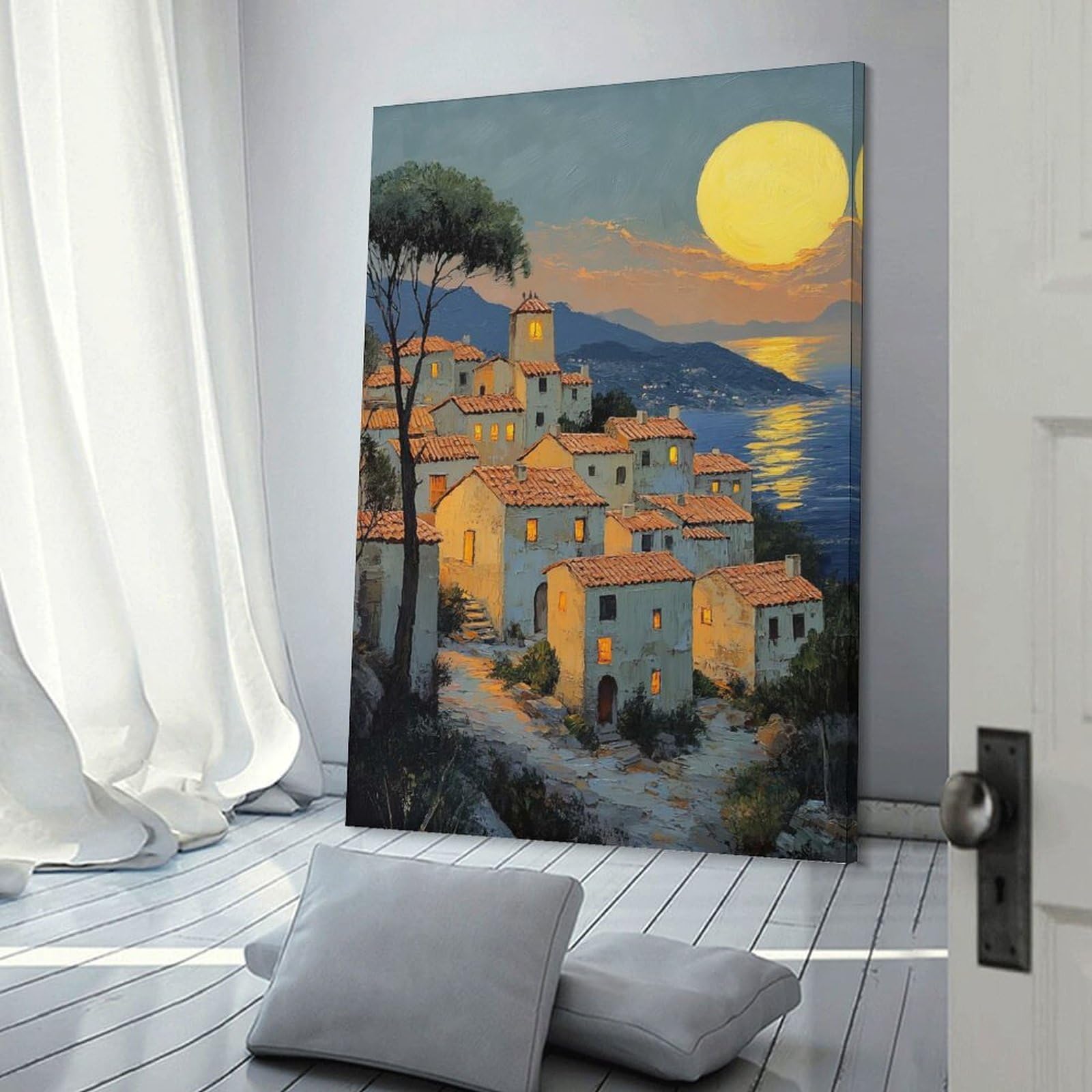 Junmoney Frame-Style-16 Decorative Wall Artwork Mediterranean Village Sunset, 16X24inch(40X60cm), For New Homes, Bedrooms Or Workspaces, Canvas Artwork With Gifting Potential