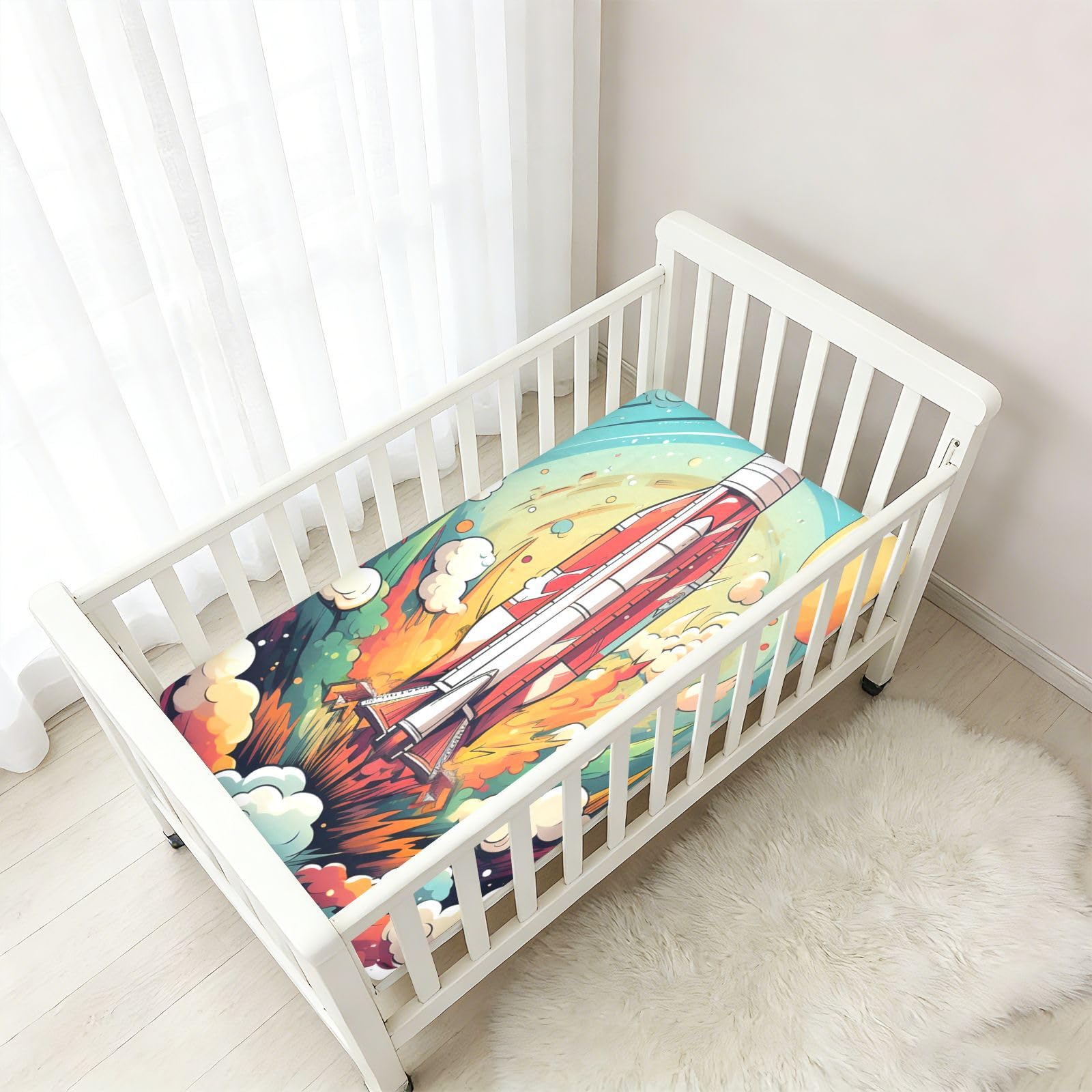 Espacio Blanco Cohete Estrellas Sábana de Cuna para Niños Pequeños,Sábanas de Algodón Suave para Bebés Aptas para Colchón Corralito