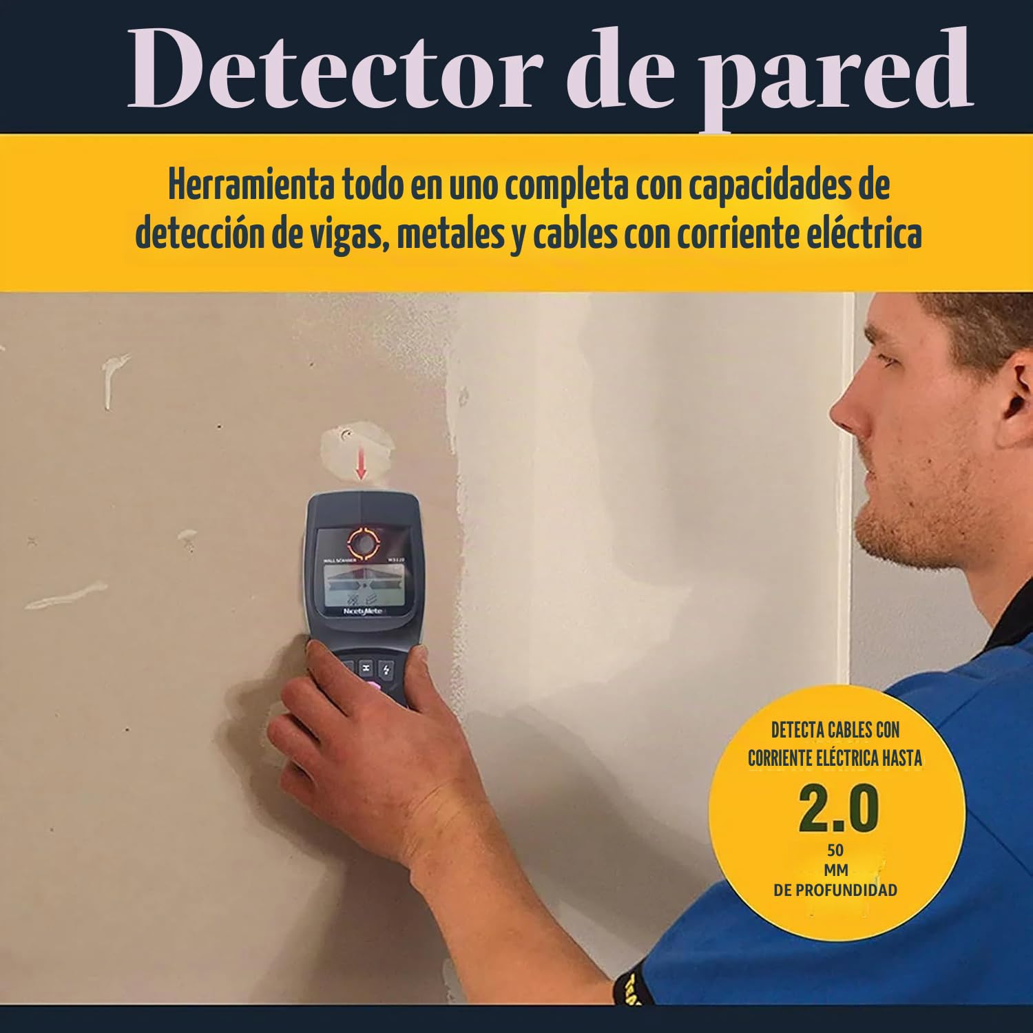 Detector de Pared, Escáner de Pared Multifuncional, hasta 110 Mm, Buscador de Metales para Tuberías de Agua de PVC con Cable Vivo, Adecuado para Detectar Cables de Metal, Madera Y CA Ocultos