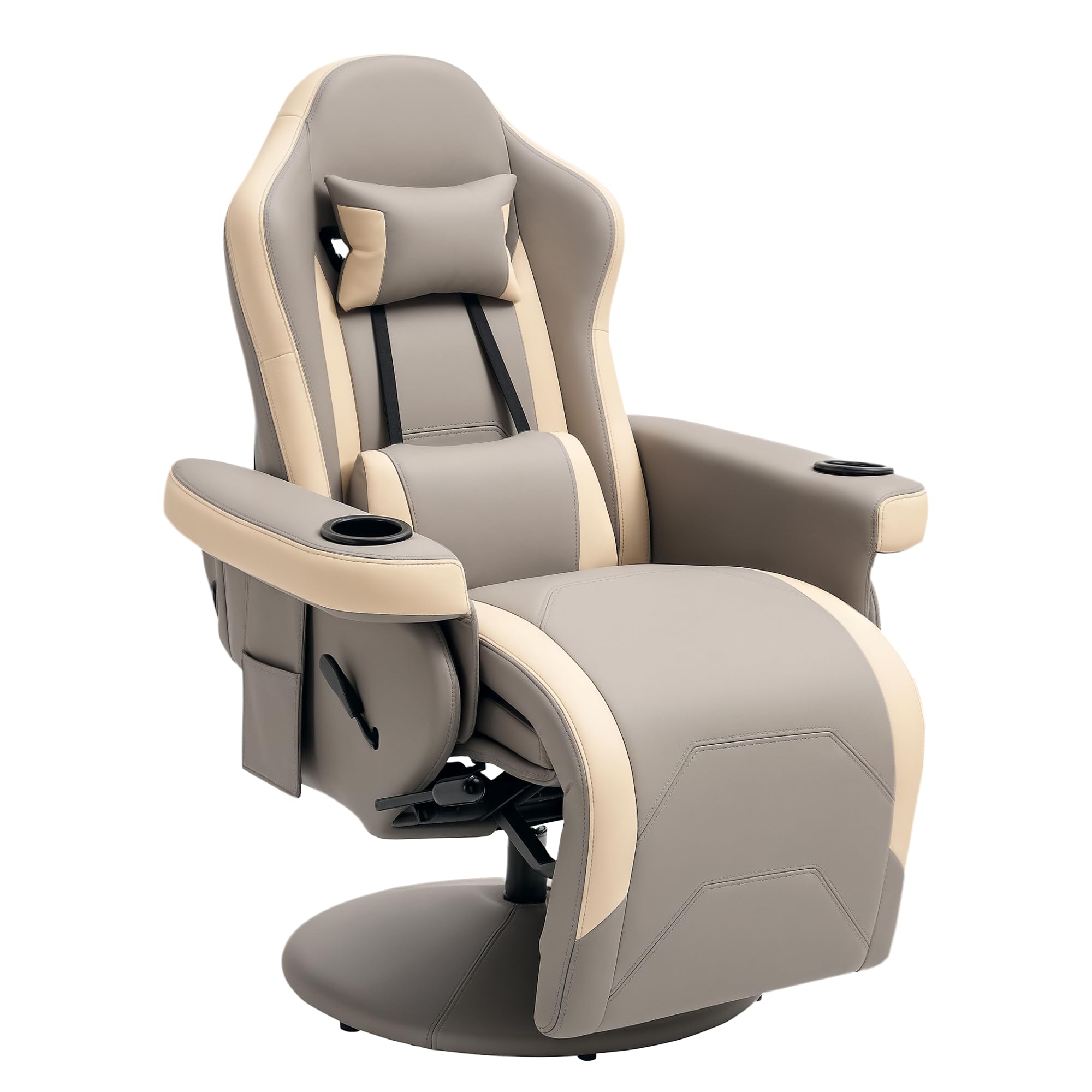 HOMCOM Reclining Gaming Chair, 360° Swivel Racing Video Gaming Manual Recliner with Footrest, Headrest and Cup Holder, PU Leather Armchair with Storage Pocket, Grey