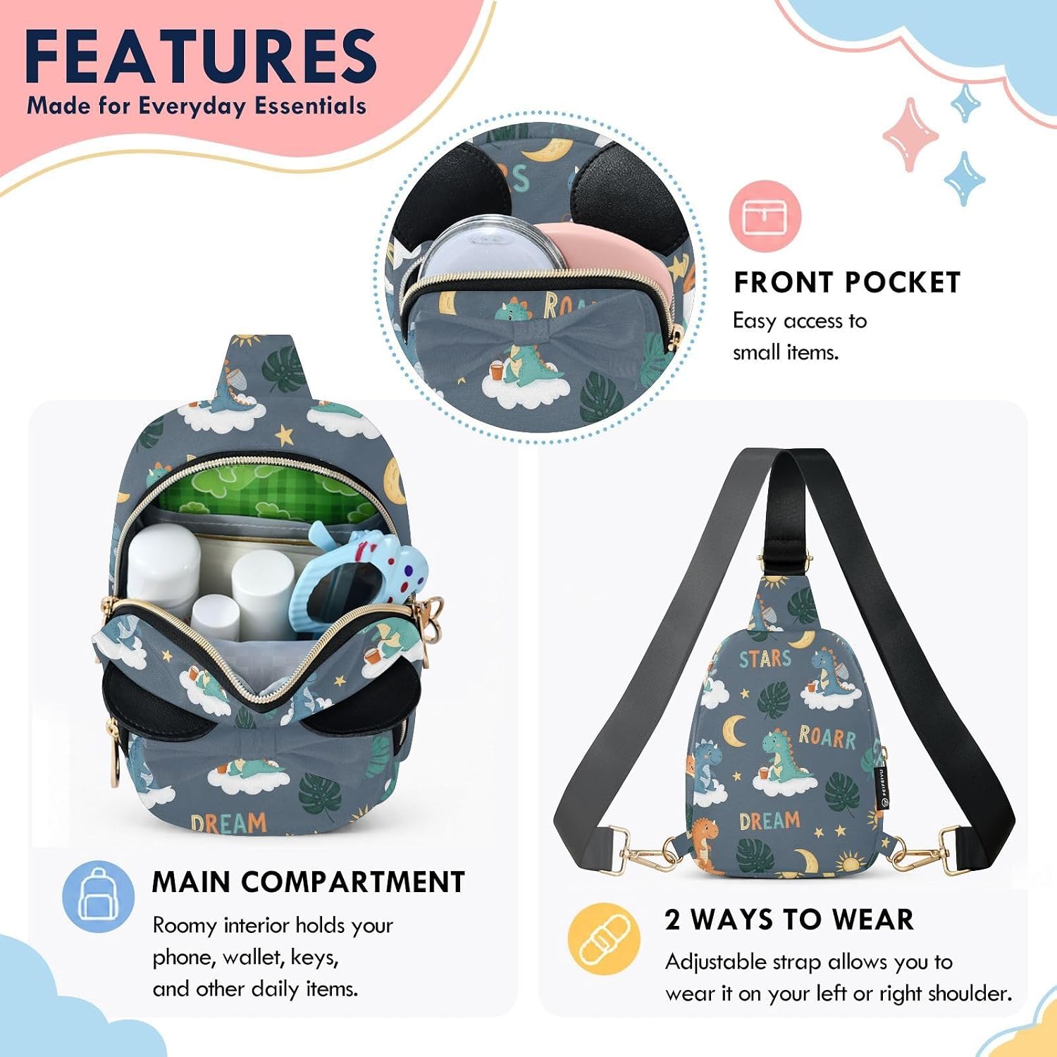 Sinestour Dinosaur Kids Sling Bag for Girls, 7.5x5.7x3.1Inches | Crossbody Fanny Pack, Toddler Purse, Cute Sling Belt Bag with Ears, 2L Small Shoulder Chest Bag for Travel